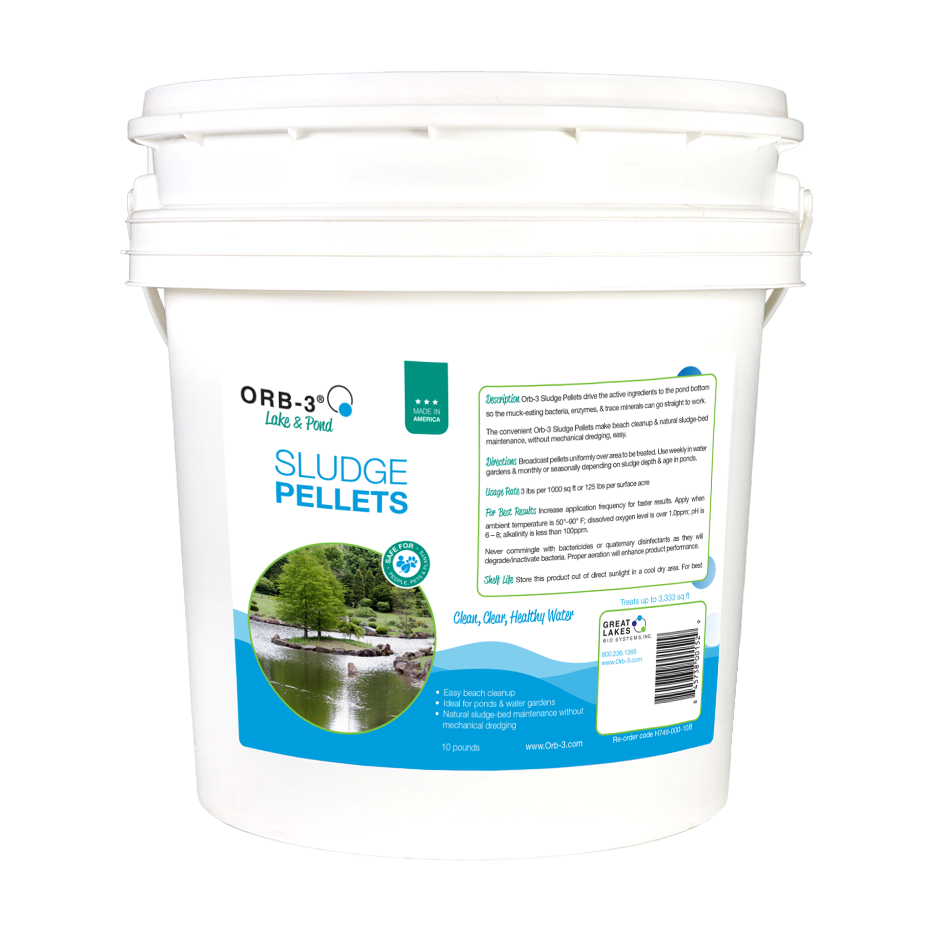 White pail of ORB-3 Sludge Pellets with a label on a white background