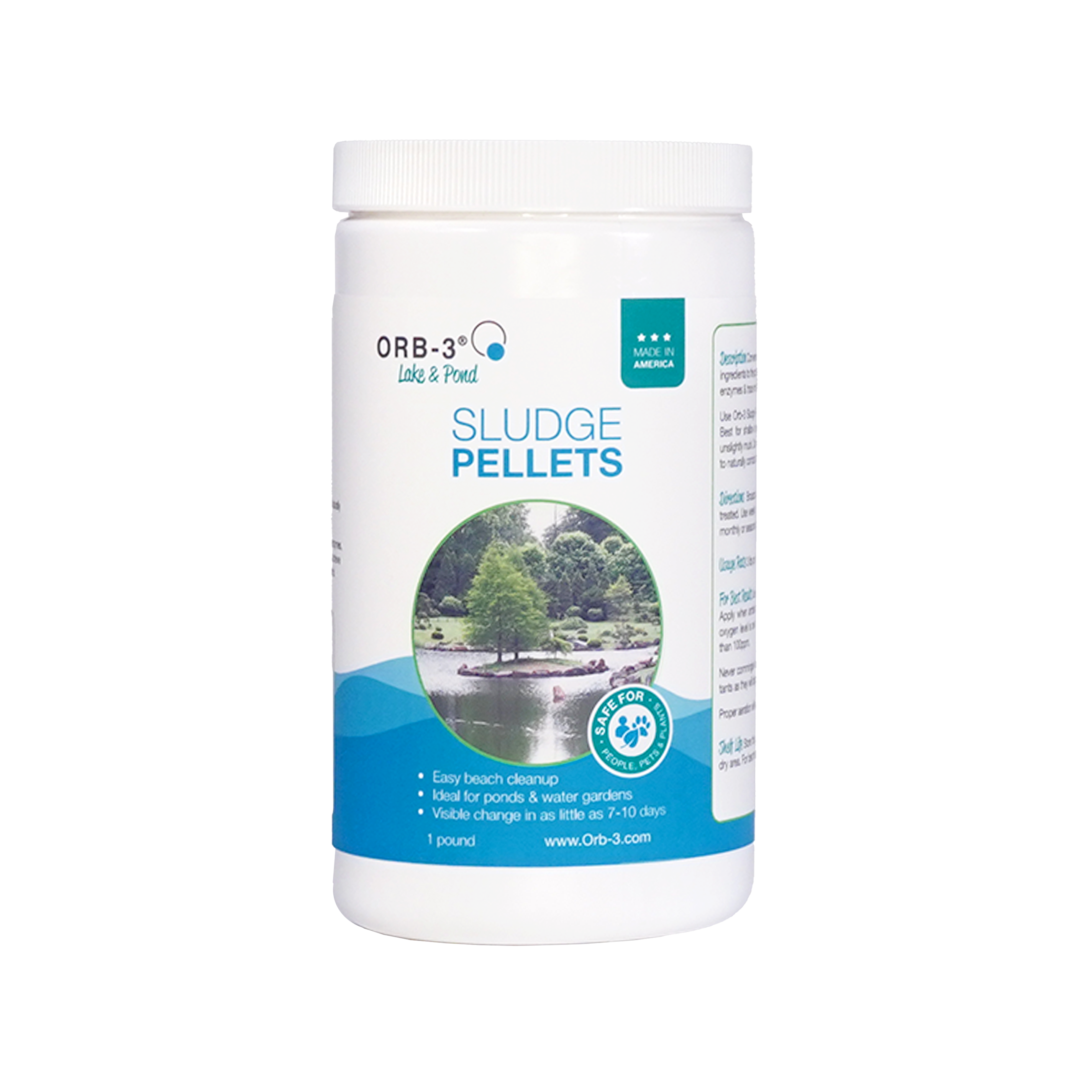 Tall container of Orb-3 Sludge Pellets on a white background