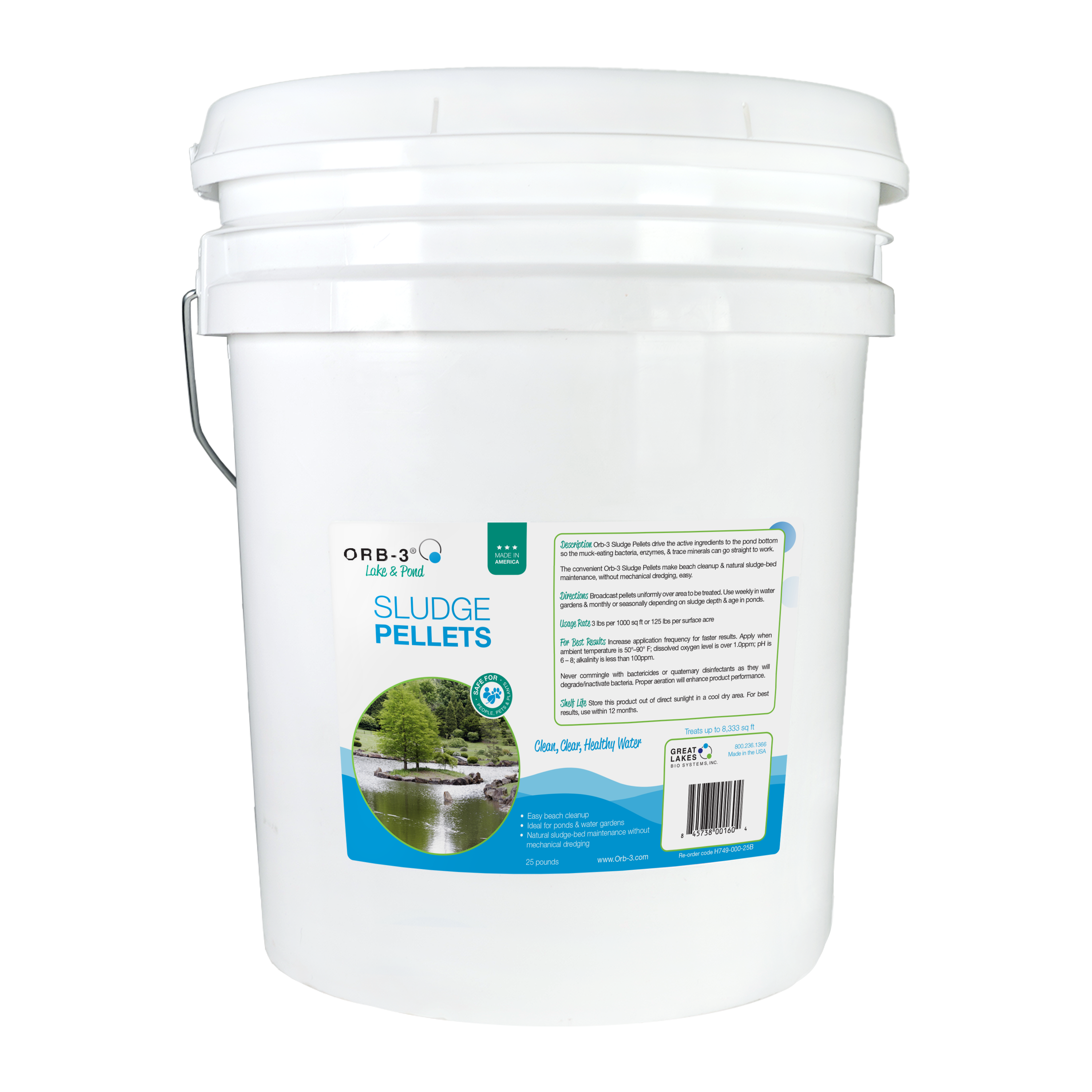 White bucket labeled Orb-3 Sludge Pellets with made in USA branding on a white background