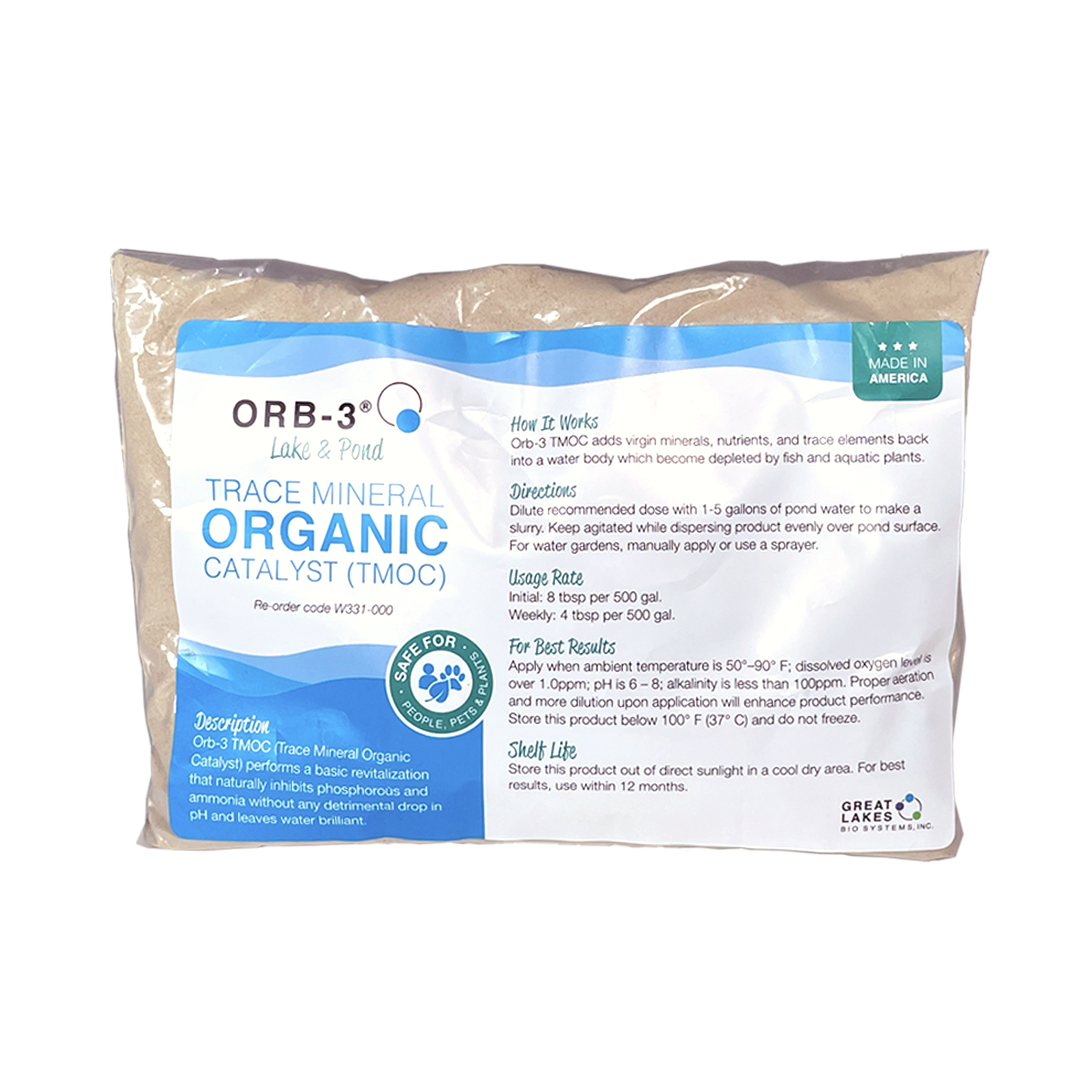Photo of a bag of Orb-3 Lake & Pond Trace Mineral Organic Catalyst on white background