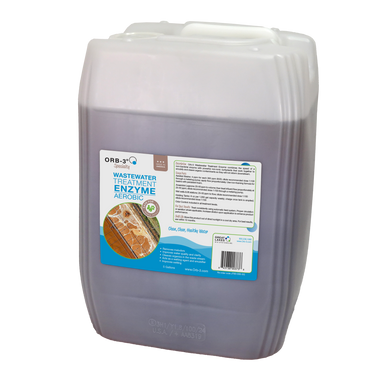 Orb-3 Wastewater Treatment Enzyme in a 5 gallon container with label on a white background