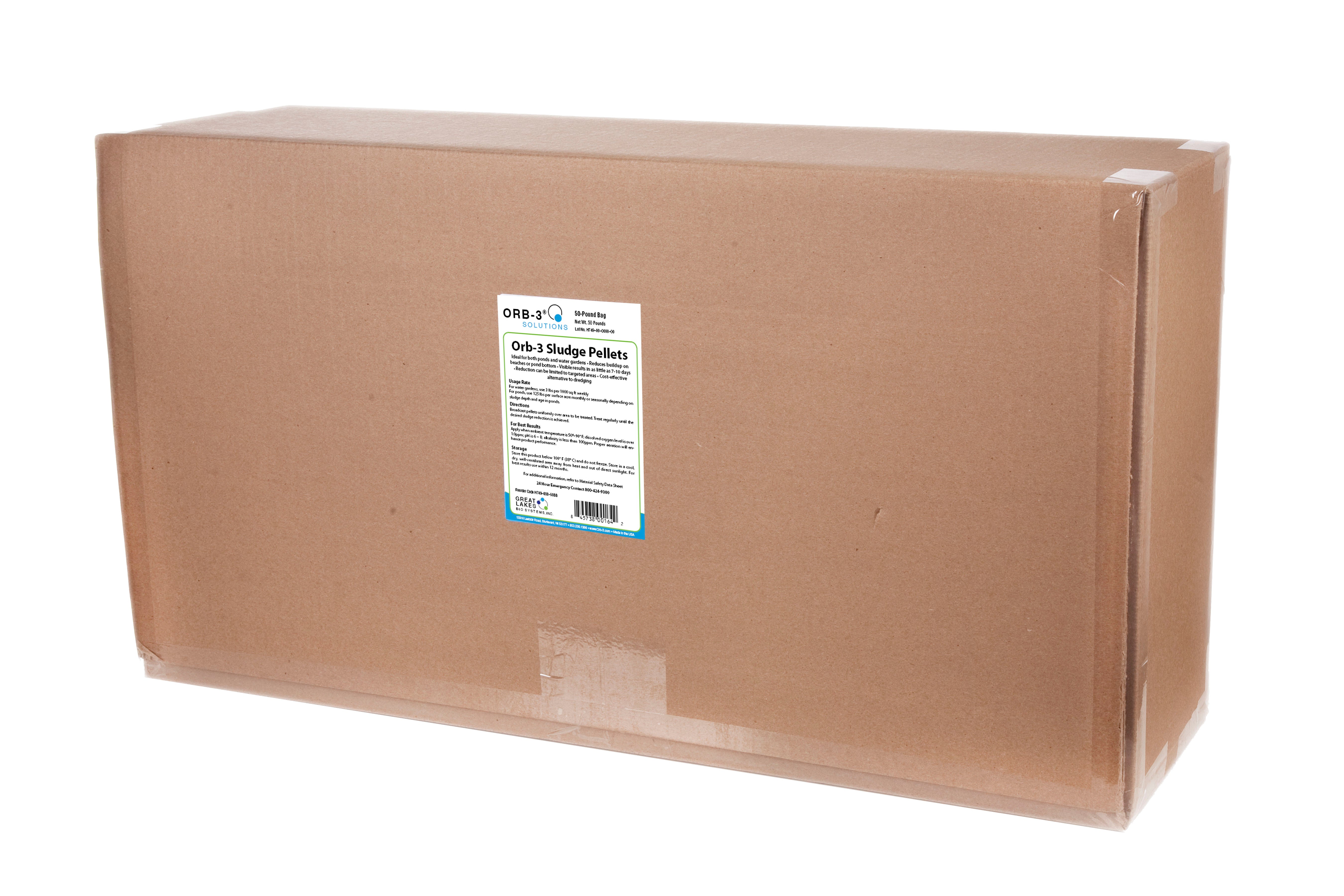 Box containing Orb-3 Sludge Pellets for lakes & ponds