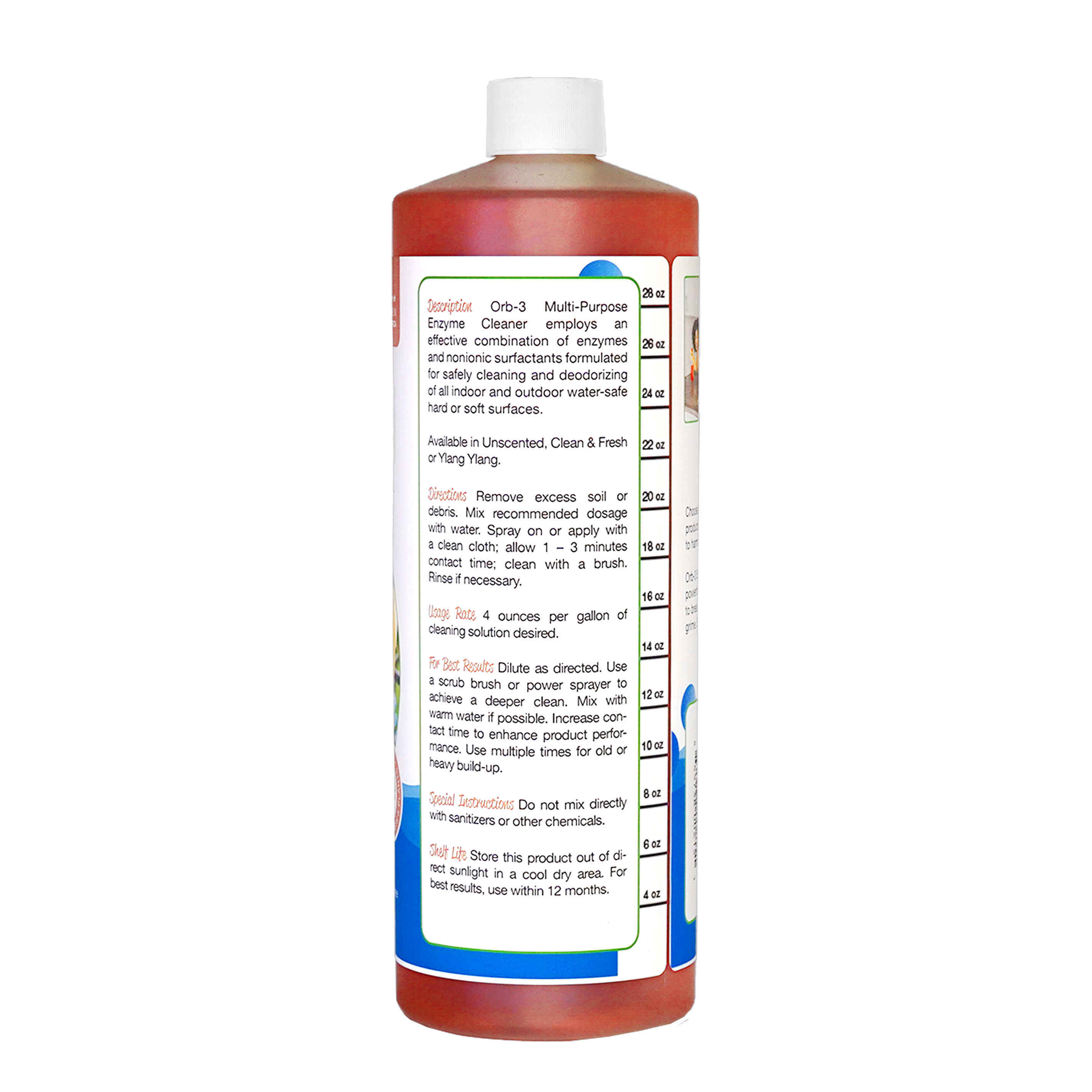 Back view of bottle of Orb-3 Concentrated Multi-Purpose Enzyme Cleaner on a white background