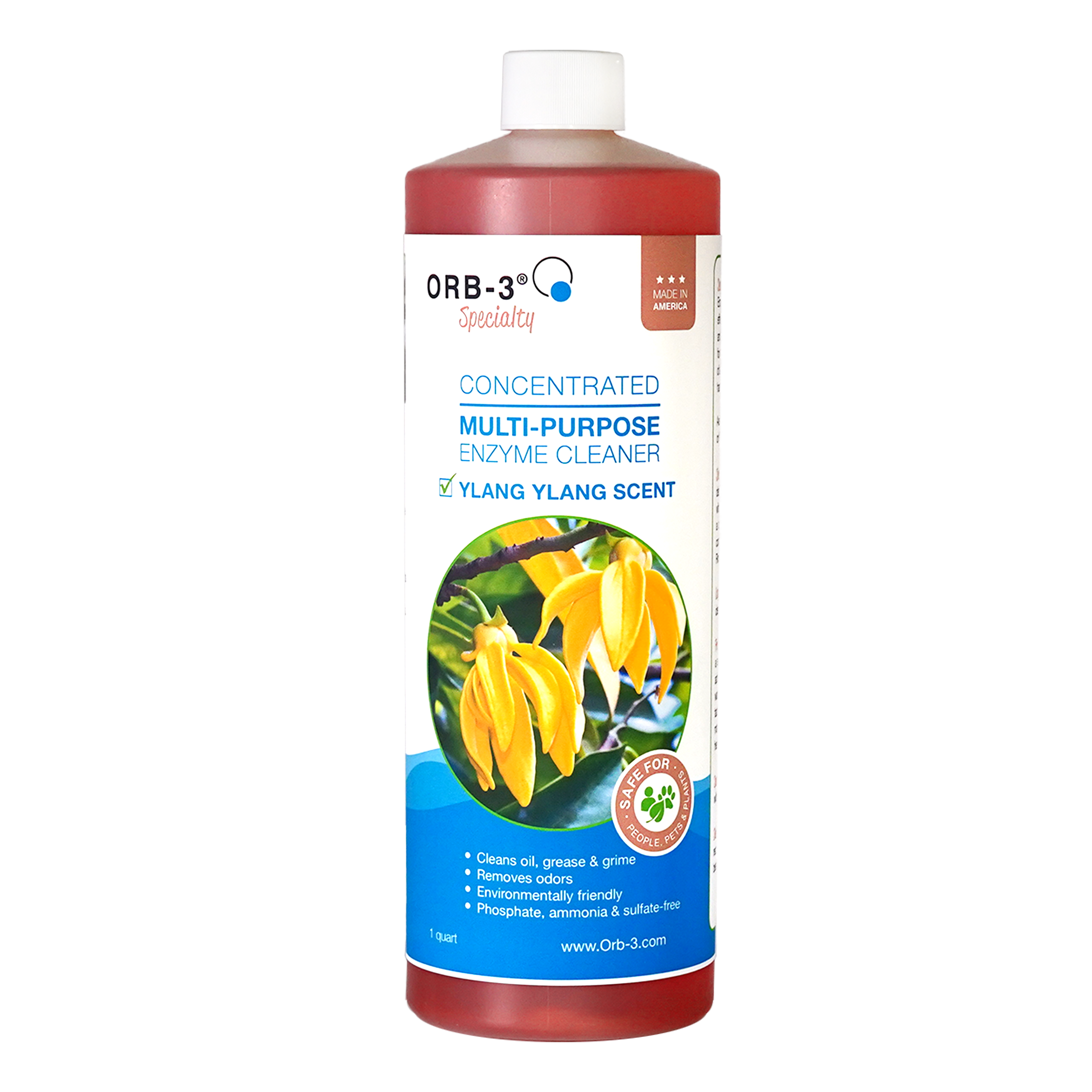 Orb-3 multi-purpose enzyme cleaner bottle with ylang ylang scent on a white background