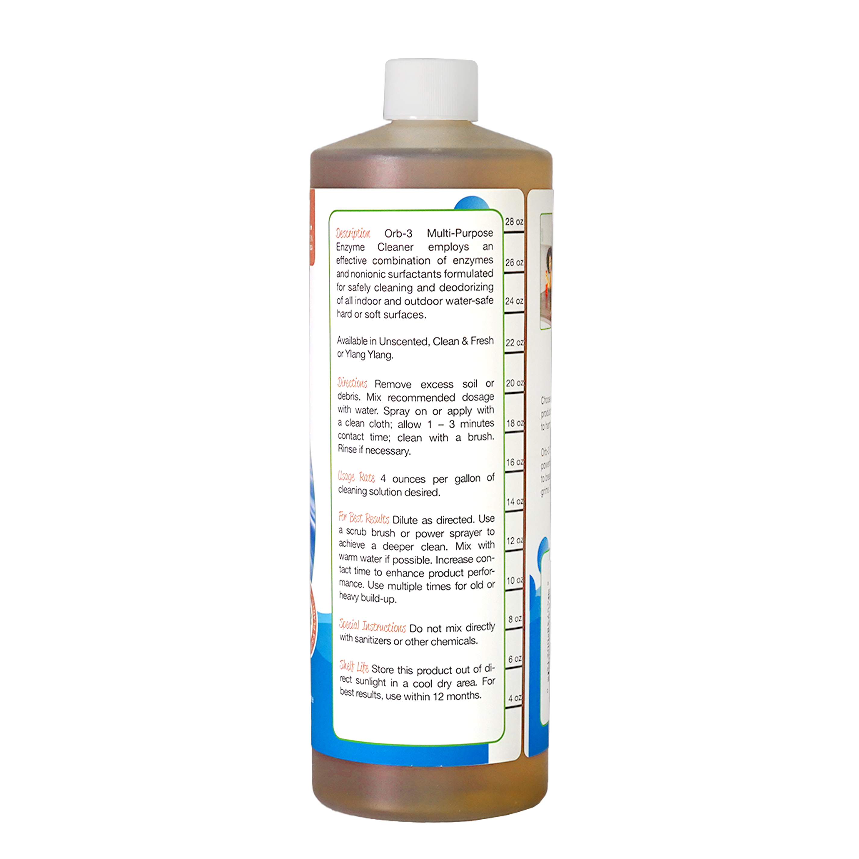 Back view of bottle of  Orb-3 Concentrated Multi-Purpose Enzyme Cleaner Unscented with label on a white background