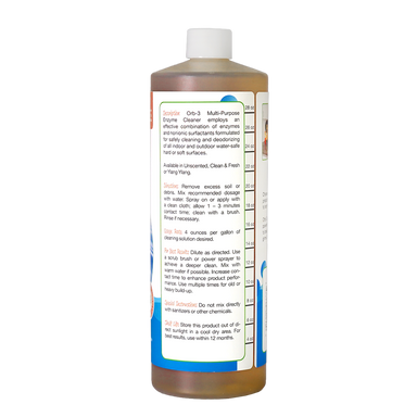 Back view of bottle of  Orb-3 Concentrated Multi-Purpose Enzyme Cleaner Unscented with label on a white background