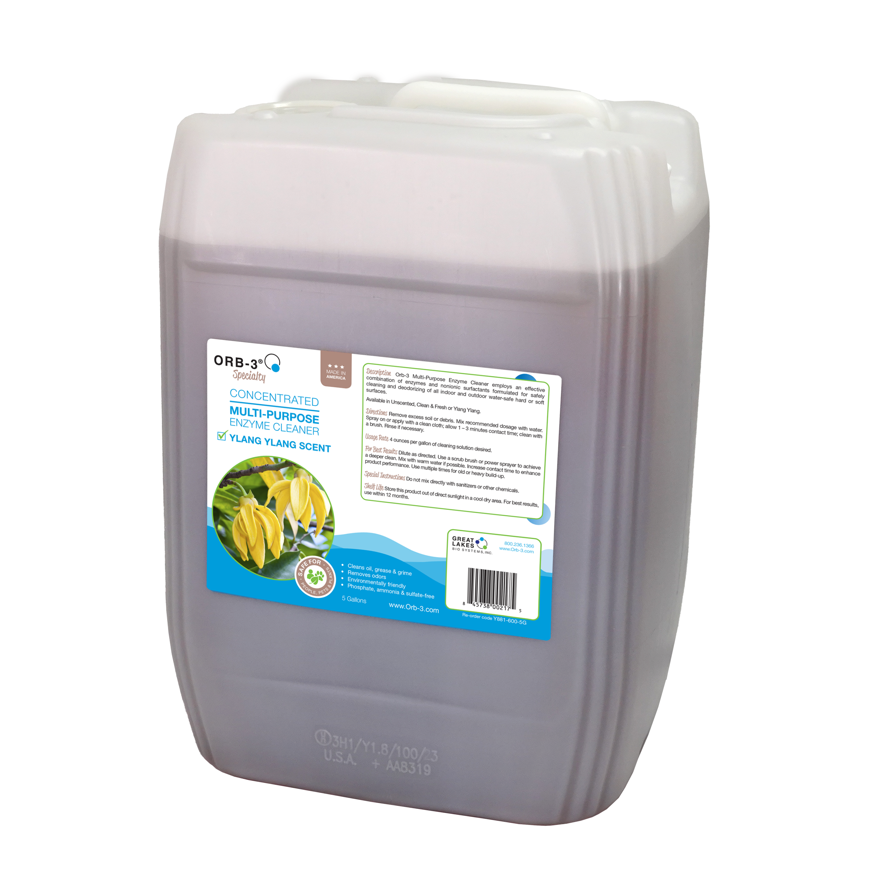 Large 5 gallon container of Orb-3 multi-purpose cleaner on a white background
