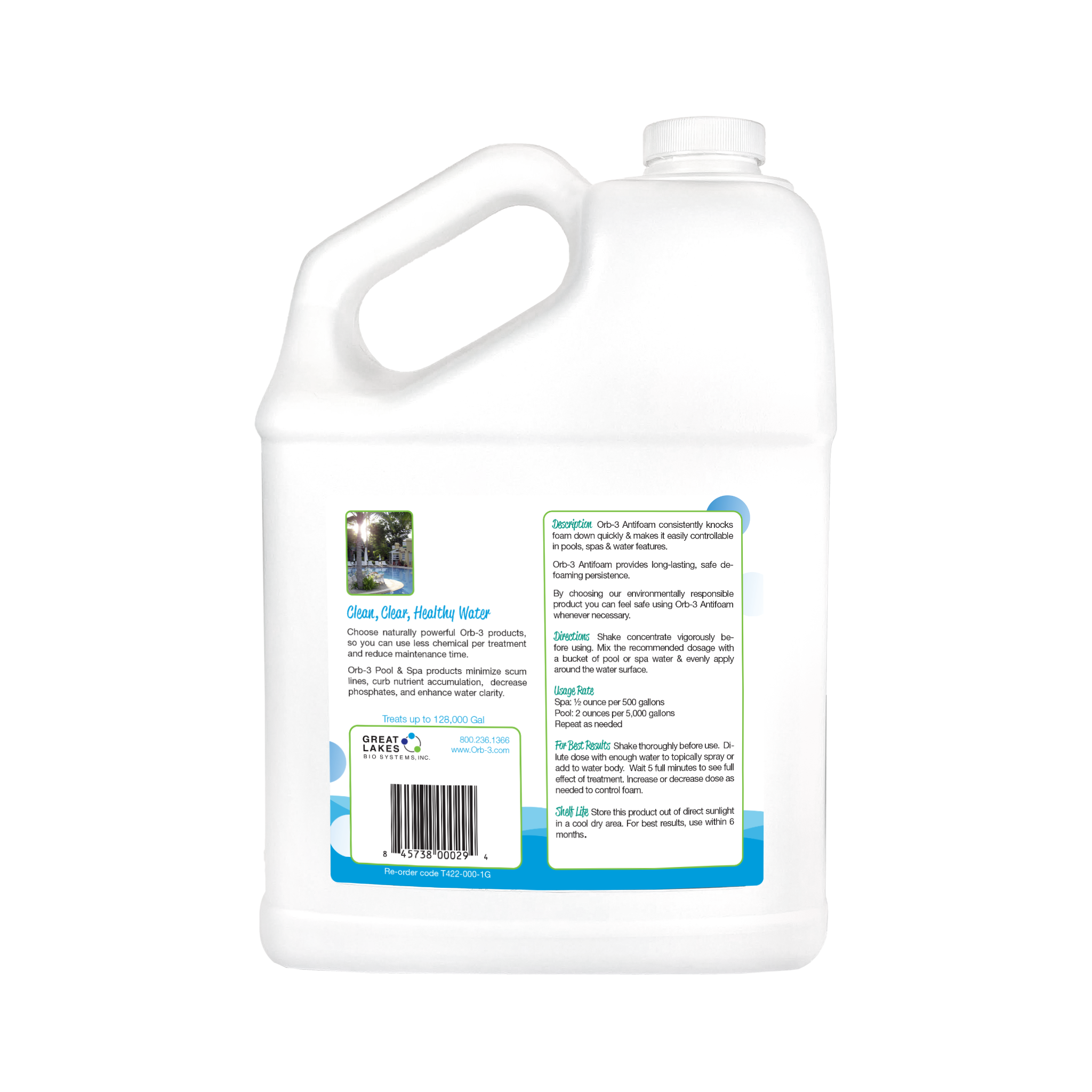 Back photo of Orb-3 pool and spa antifoam gallon with a label on a white background