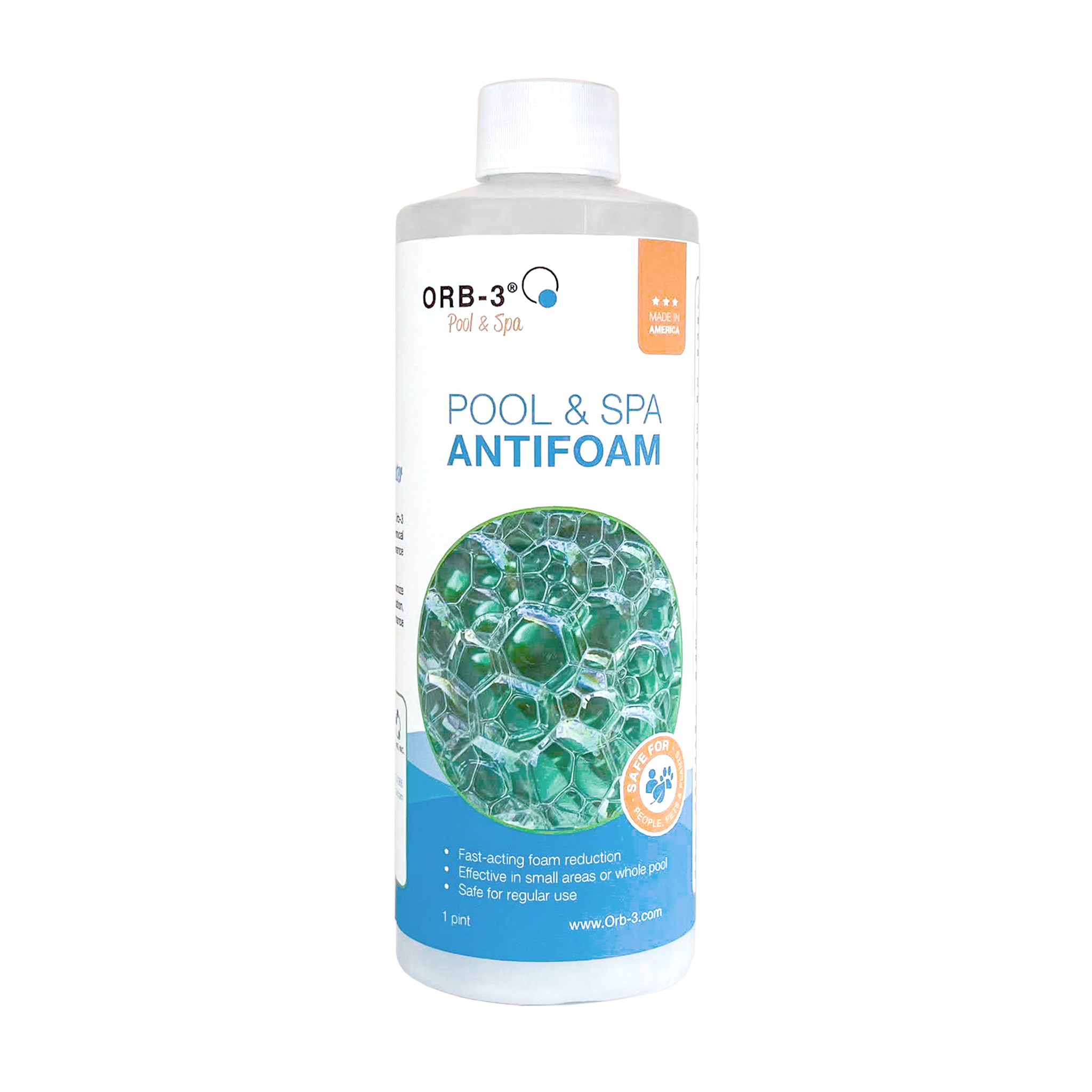 Pint bottle of Orb-3 pool and spa antifoam on a white background