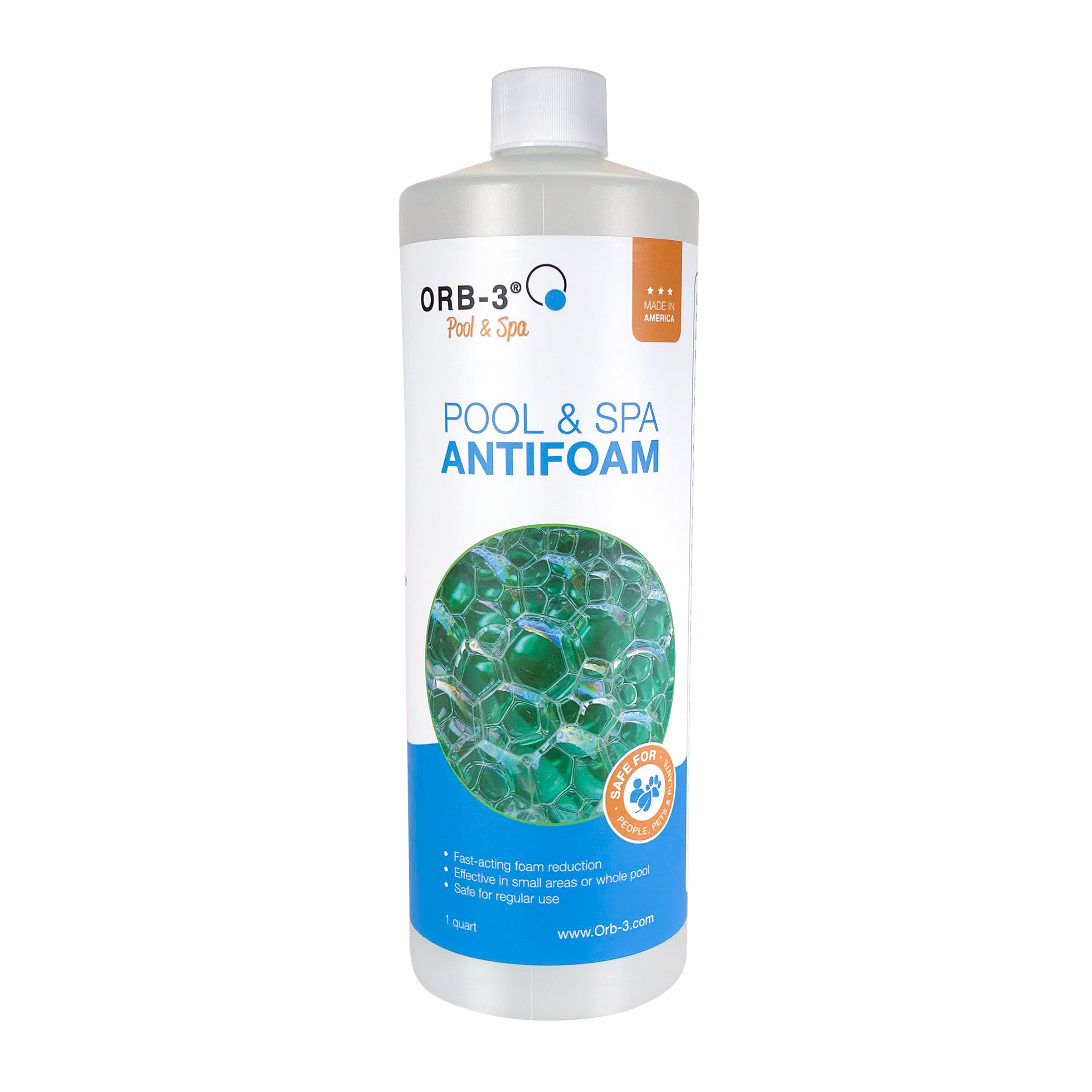 Quart bottle of Orb-3 Pool & Spa Antifoam on a white background