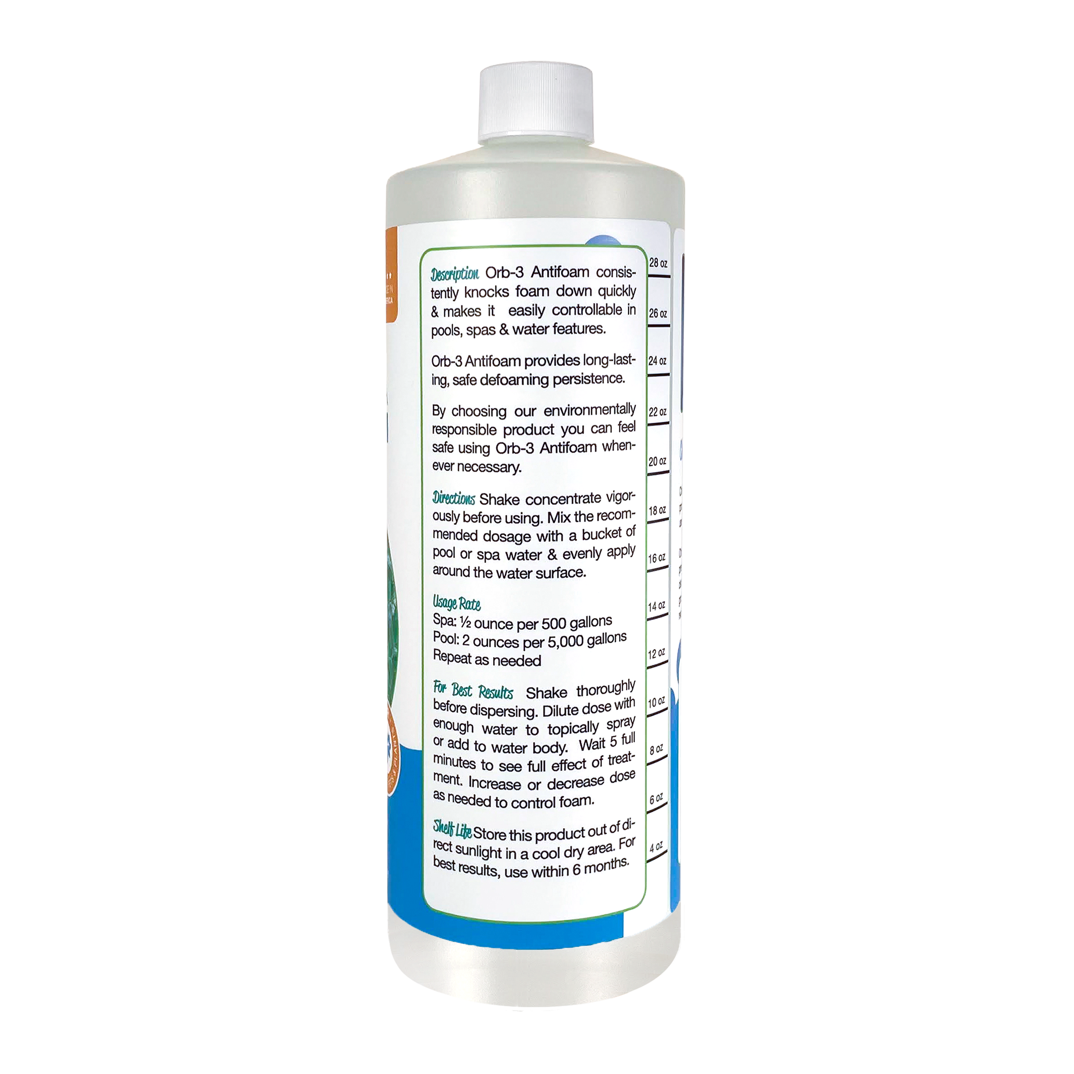 Back photo of bottle of Orb-3 pool and spa antifoam on a white background