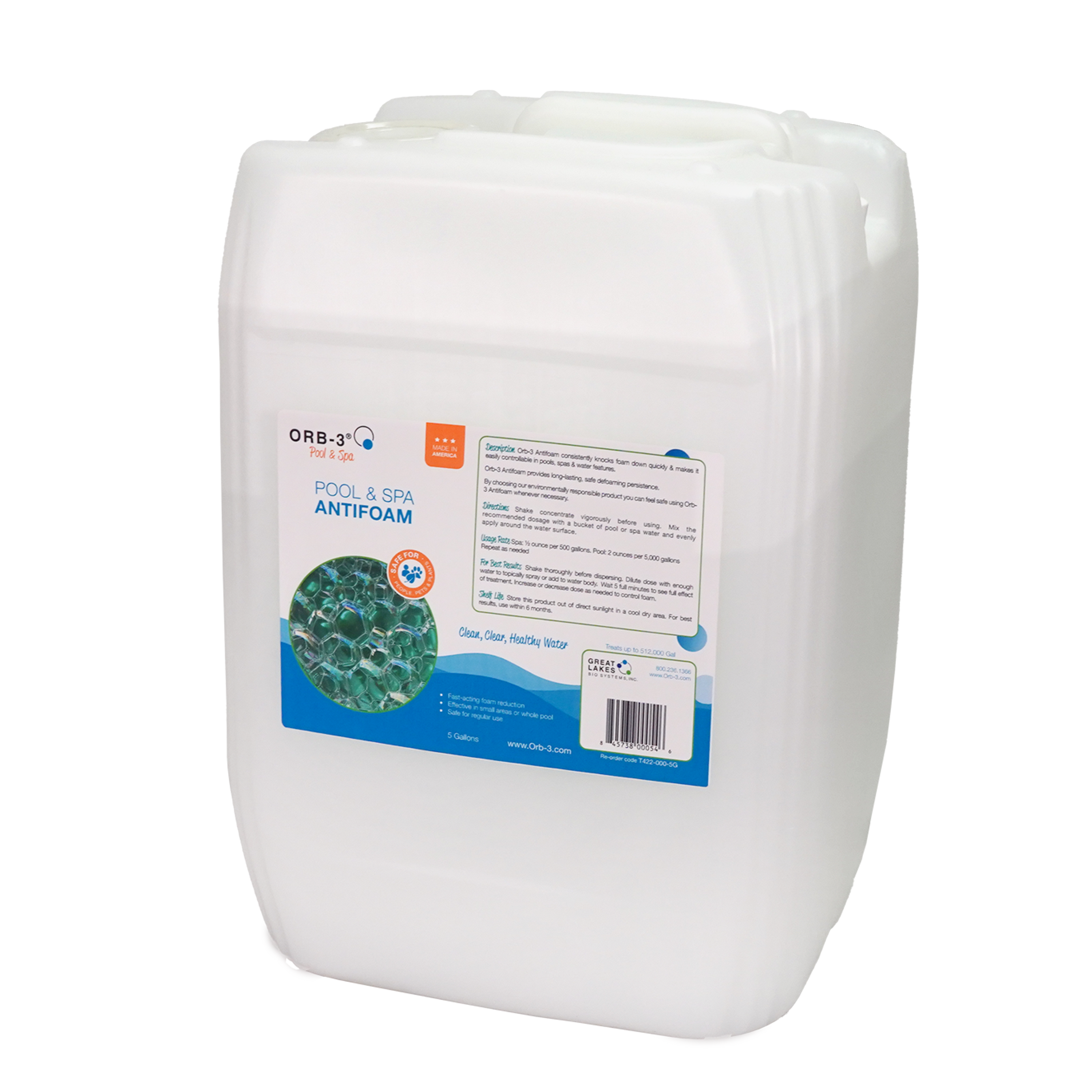 White 5 gallon container of Orb-3 pool and spa antifoam on a white background