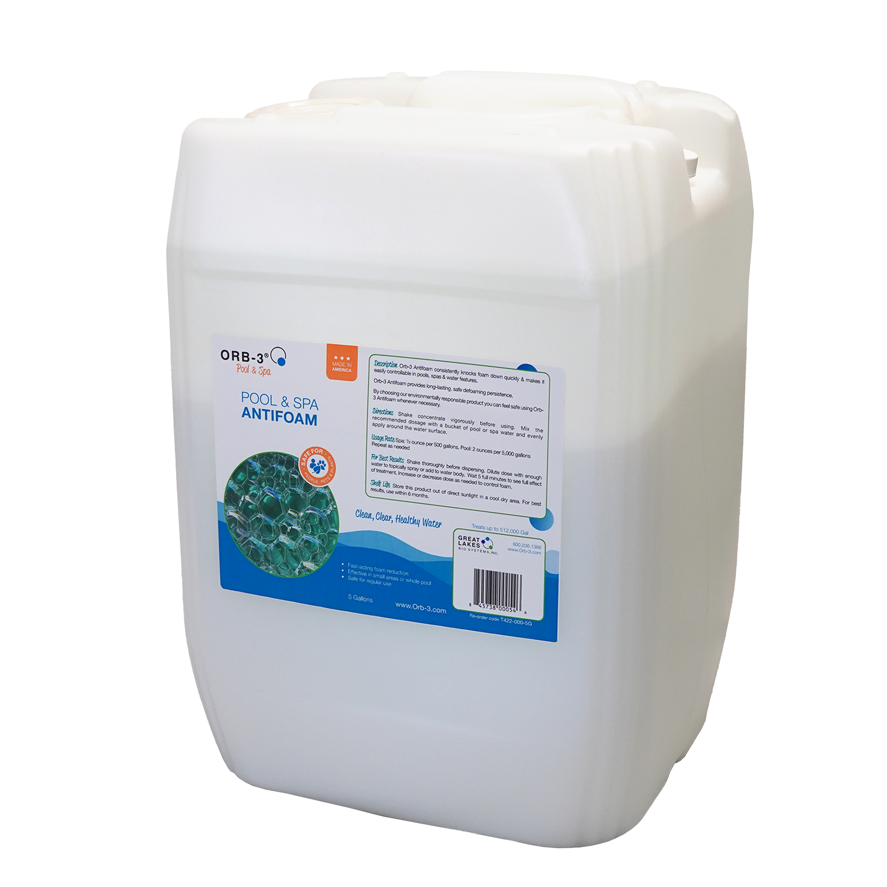 5 gallon container of Orb-3 pool and spa antifoam showing some settling may occur