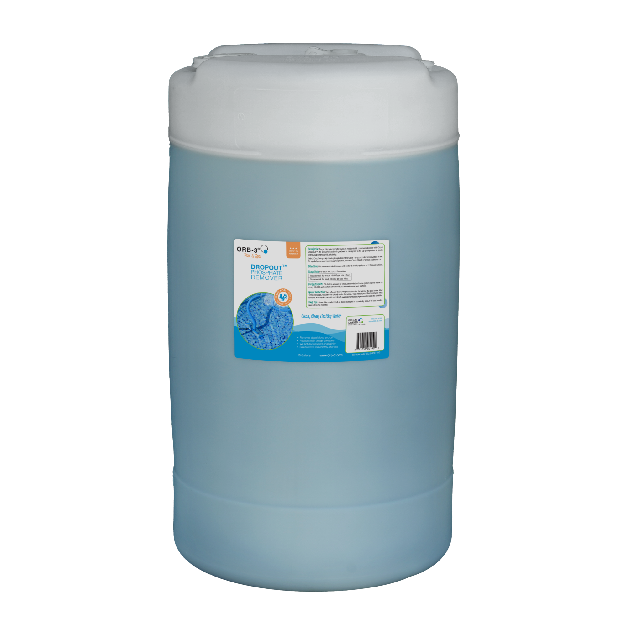 Large blue container of Orb-3 Dropout Phosphate Remover with a label on a white background