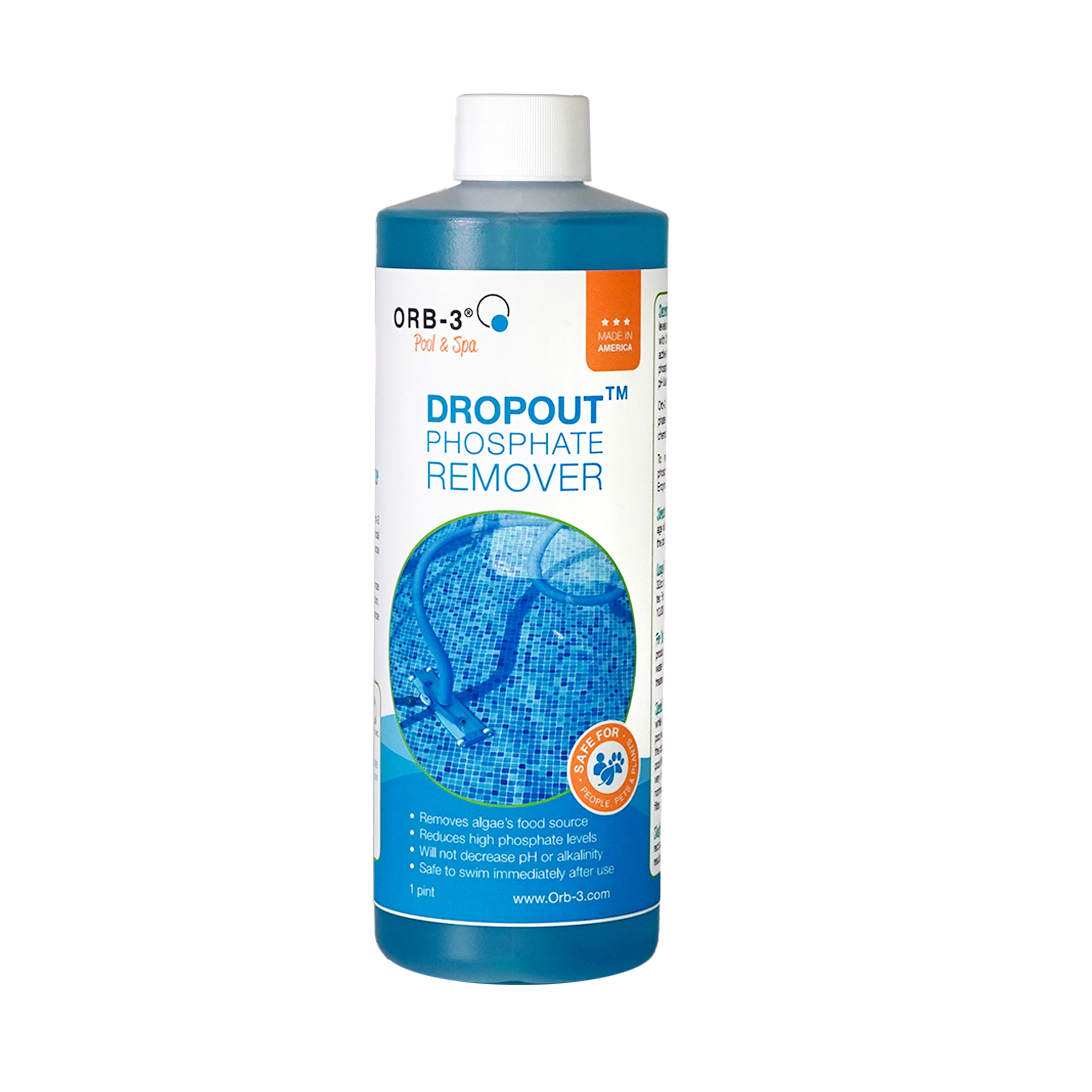 Bottle of Orb-3 Dropout Phosphate Remover on a white background made in America label