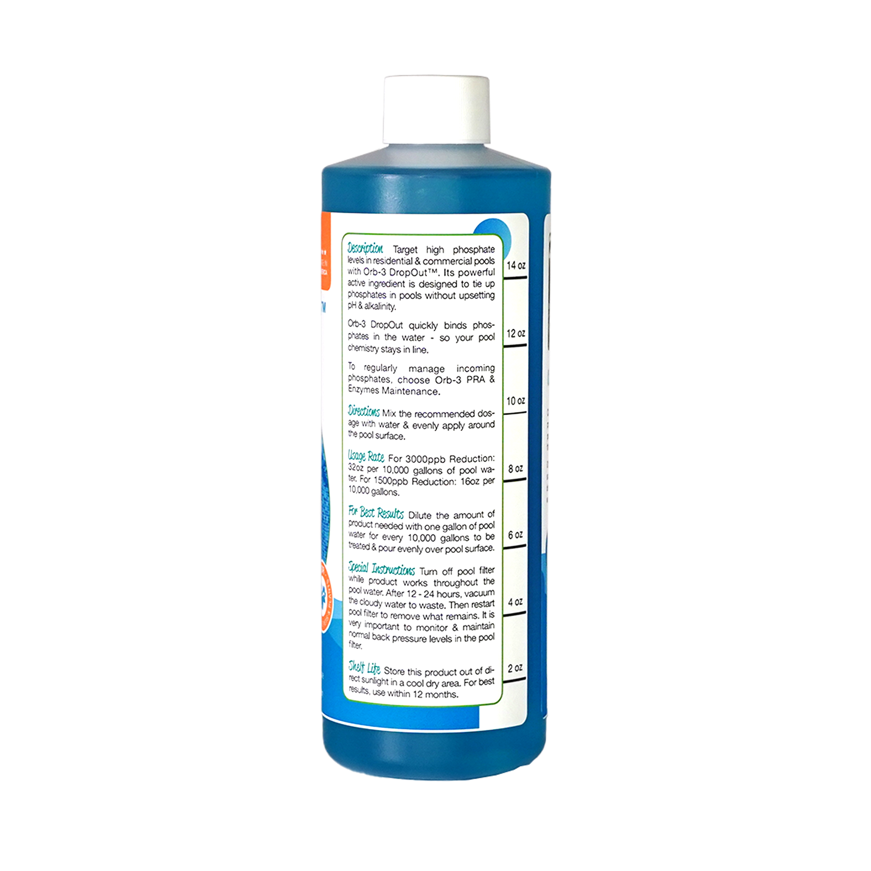 Back view of label on Orb-3 Dropout Phosphate Remover on a white background