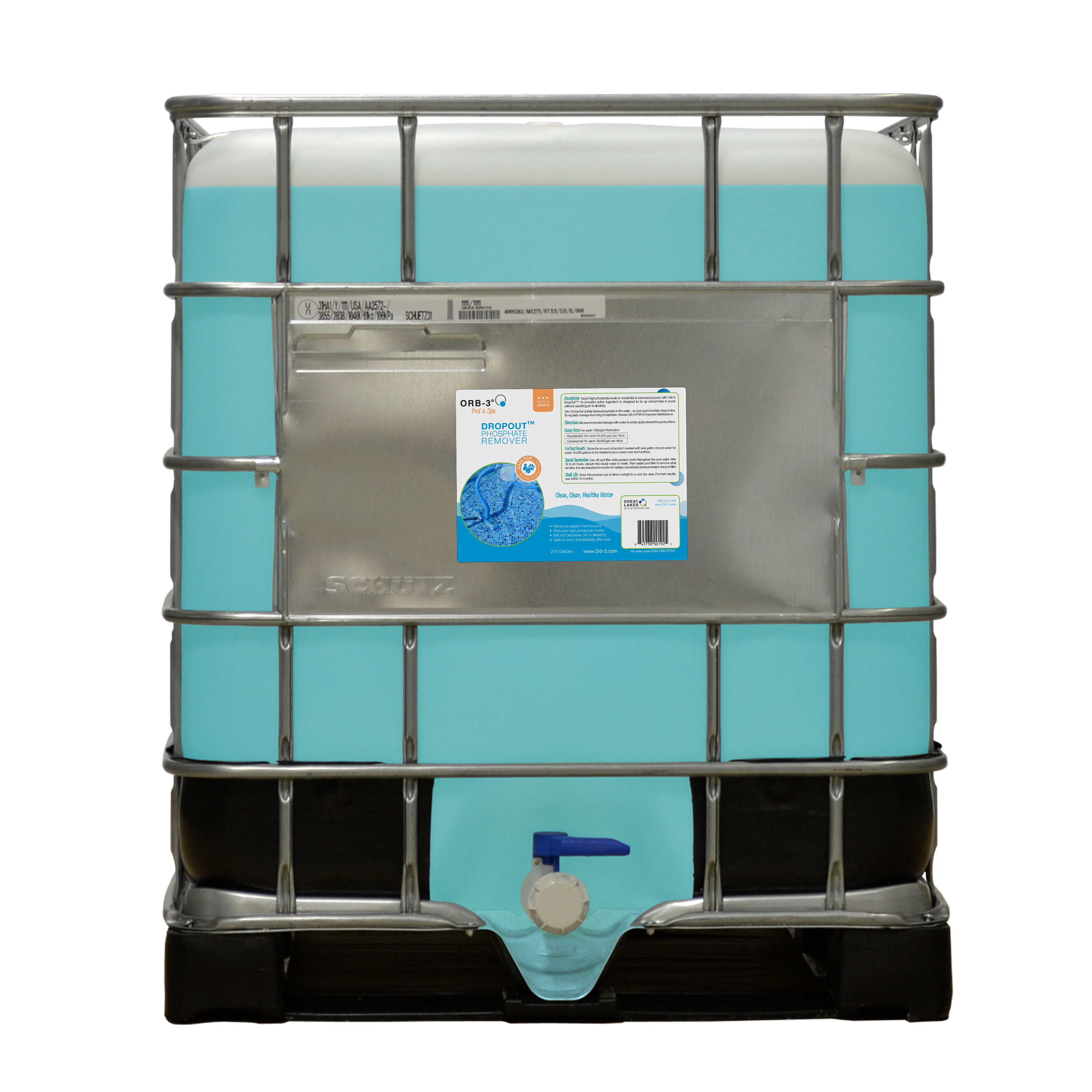 Large IBC tote storage tank of blue Orb-3 Dropout Phosphate Remover with a label on a white background