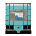 Large IBC tote storage tank of blue Orb-3 Dropout Phosphate Remover with a label on a white background