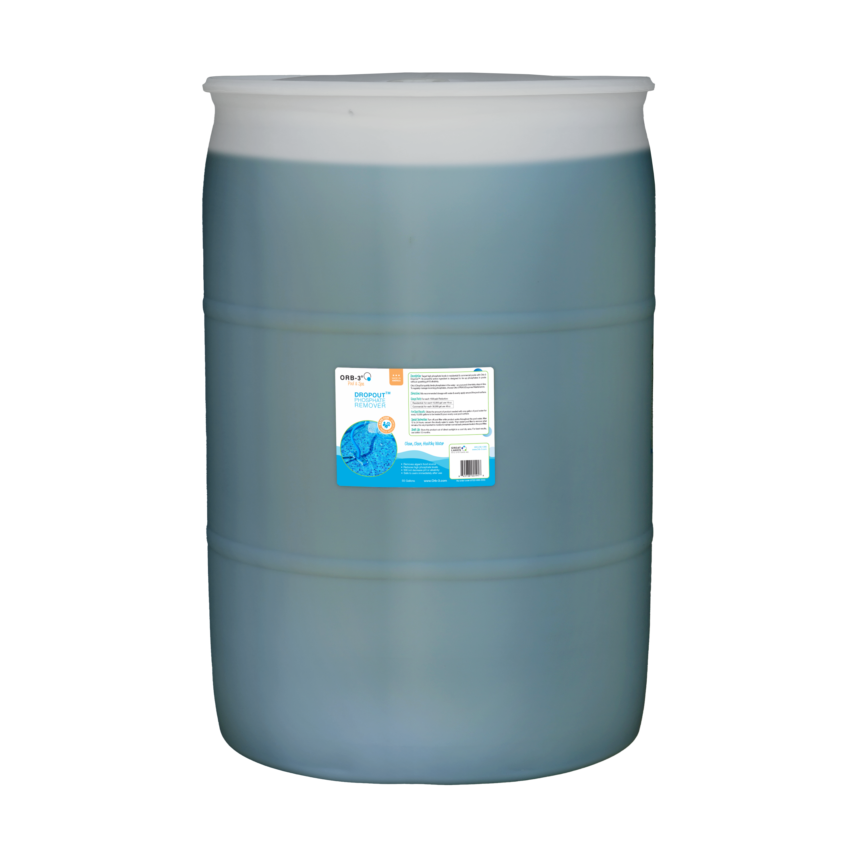 Large blue 55 gallon drum of Orb-3 Dropout Phosphate Remover with a label on a white background