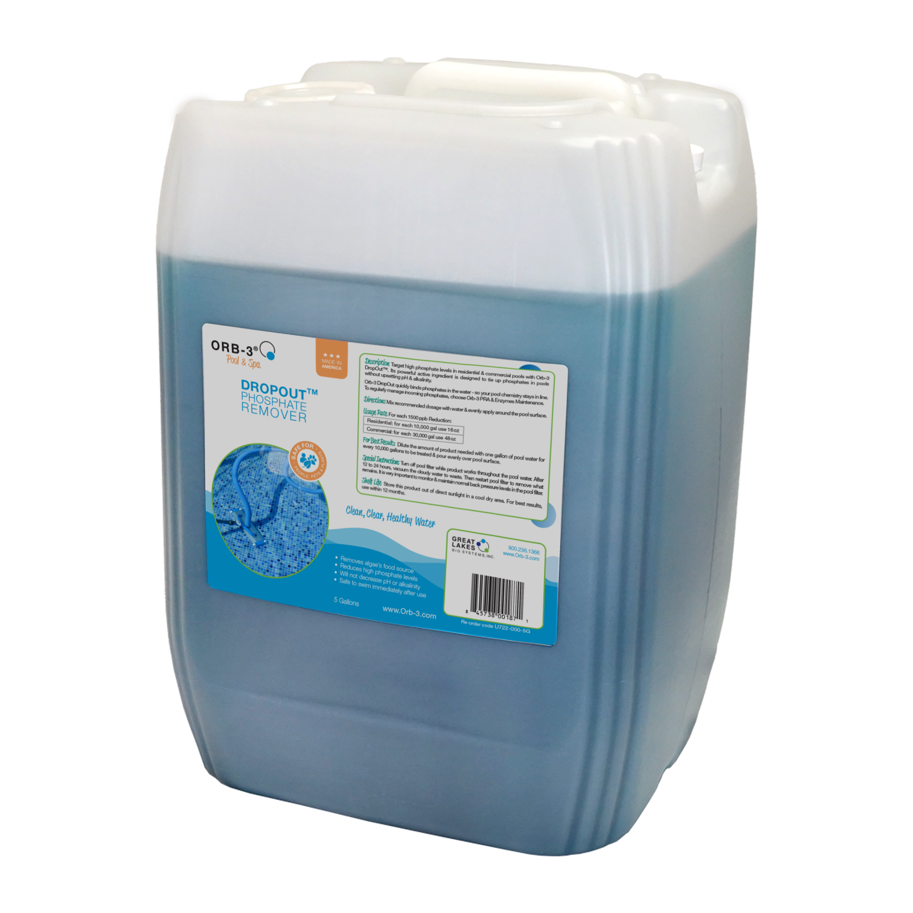 Large 5 gallon container of Orb-3 Dropout Remover on a white with safe for people, pets and plants label 
background