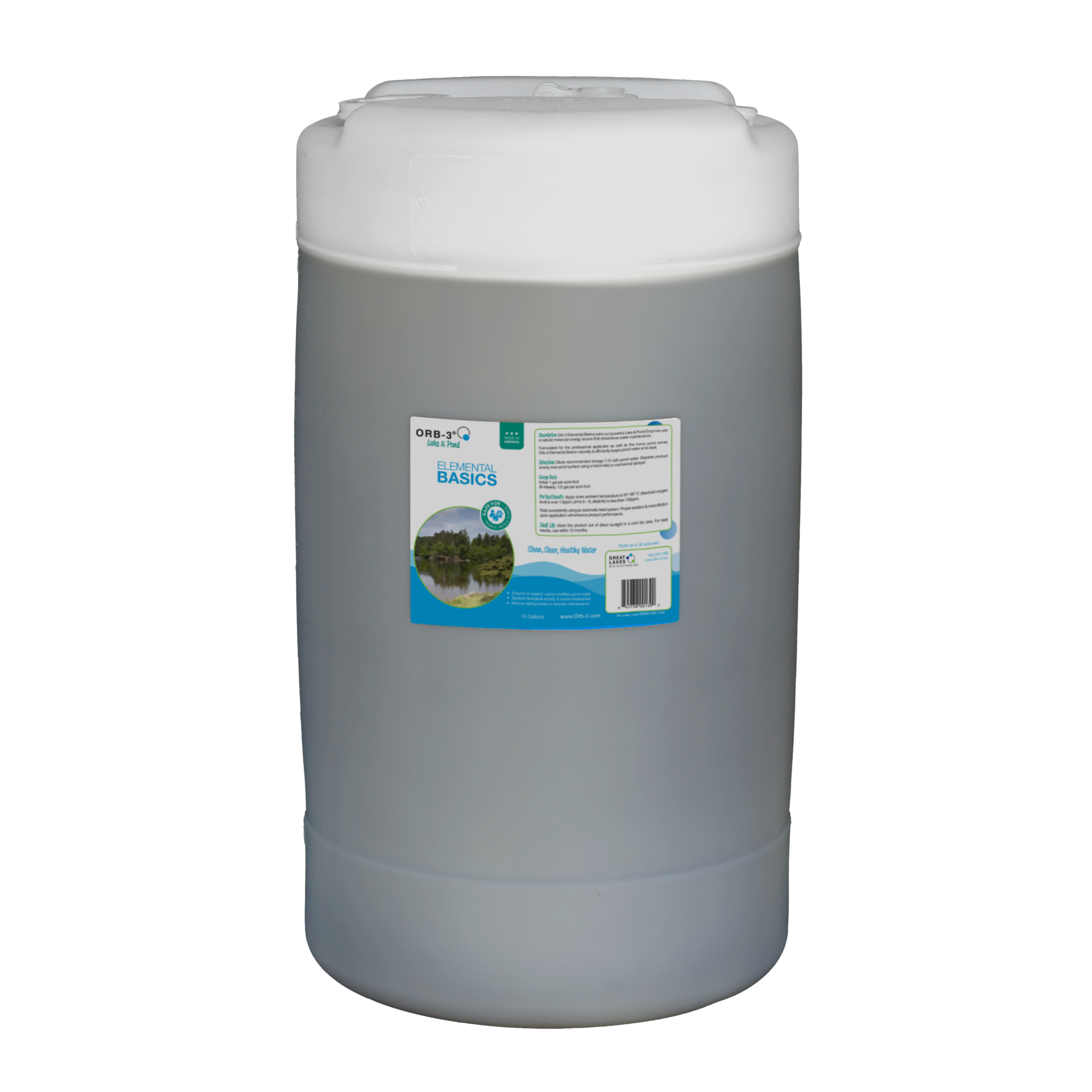Large container of Orb-3 Elemental Basics for clear pond water on a white background