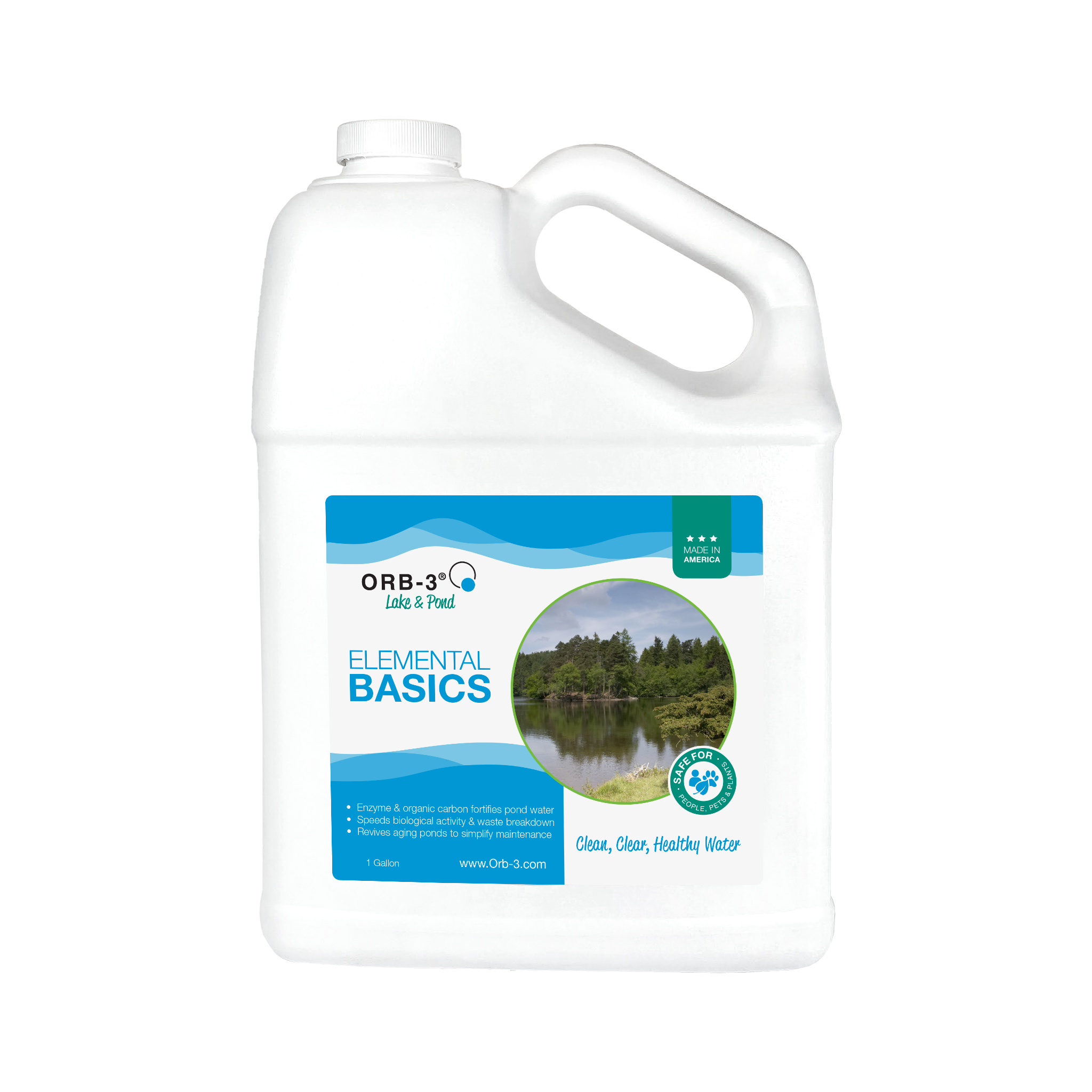 Gallon of Orb-3 Elemental Basics pond water treatment product on a white background
