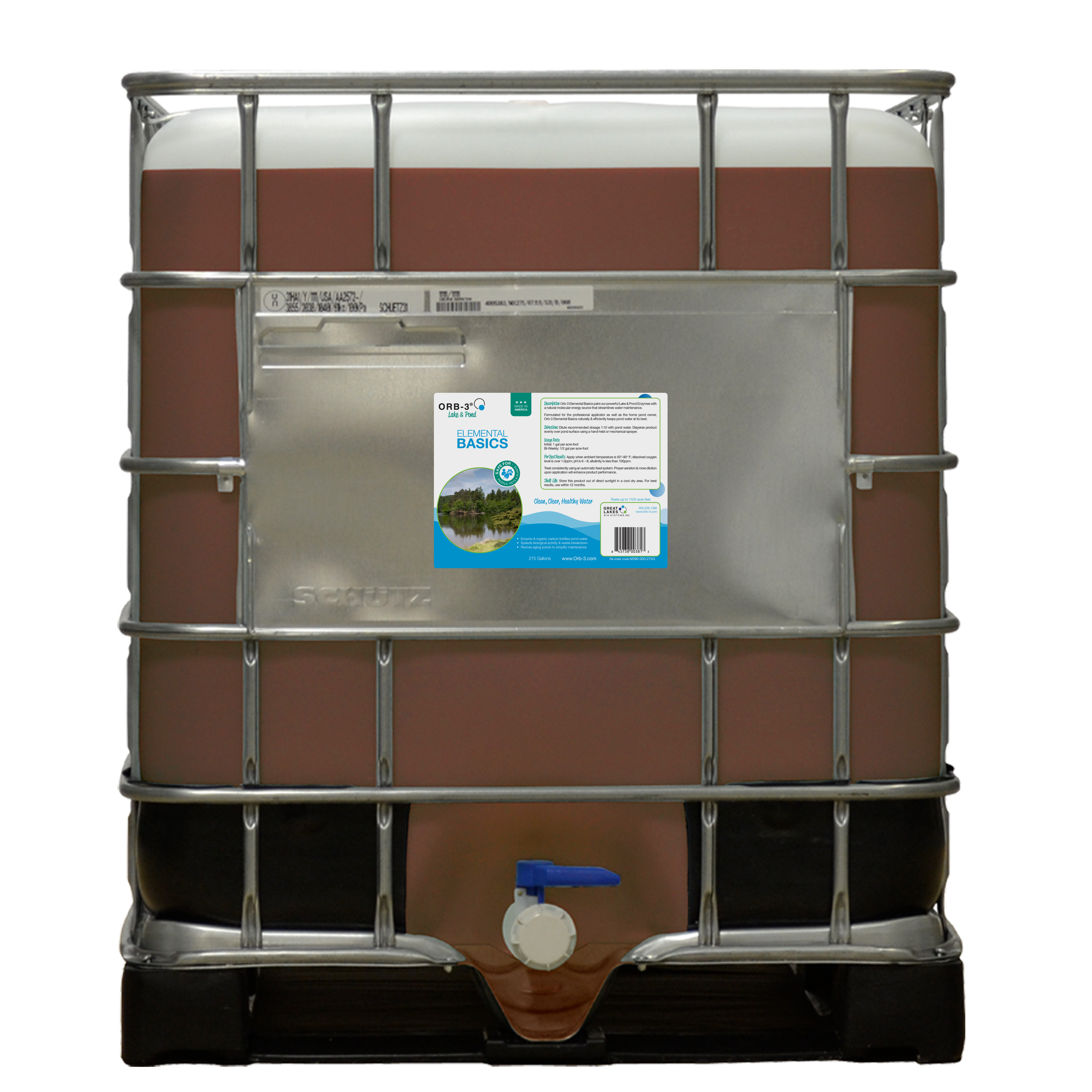 Large industrial tote of Orb-3 Elemental Basics for clear lake water