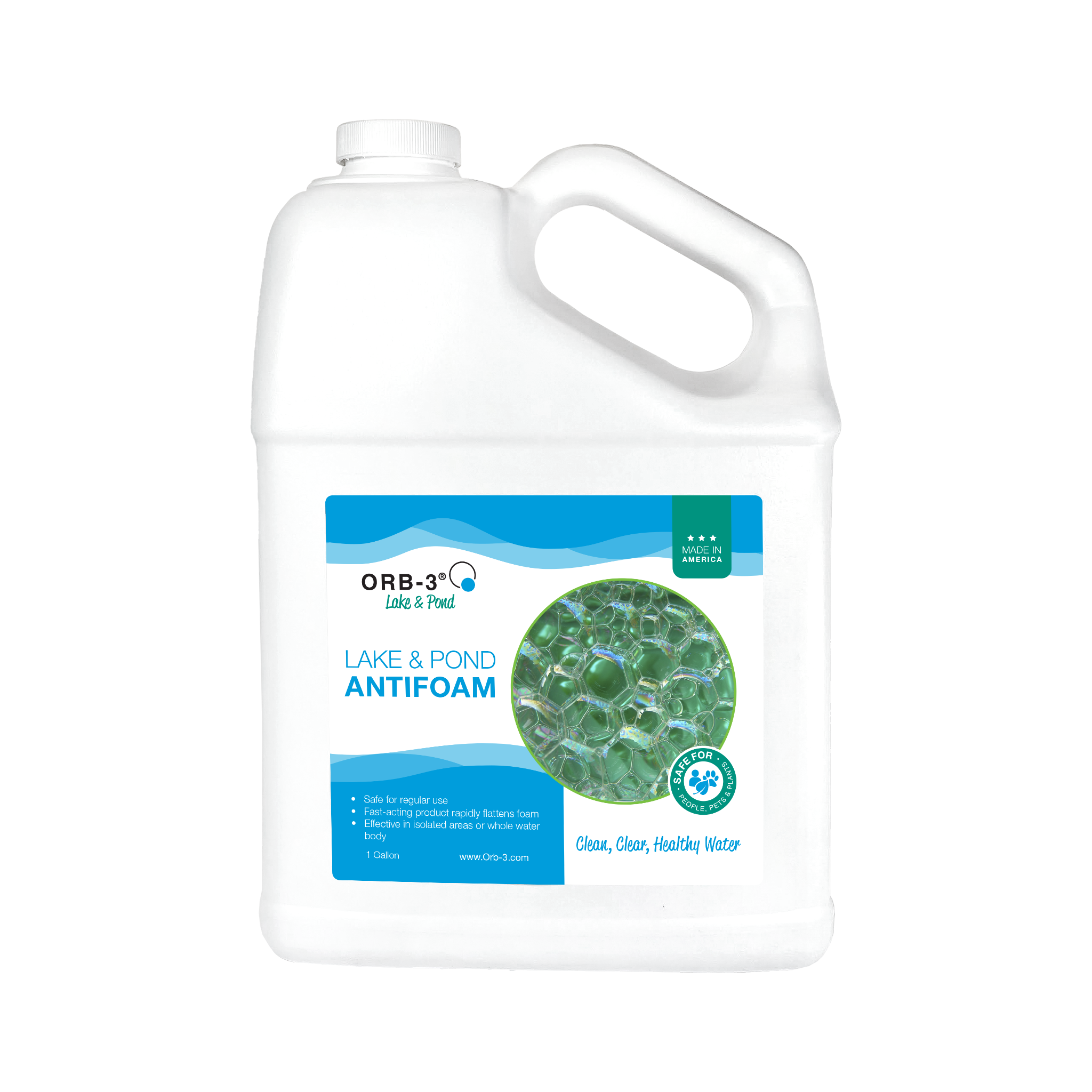 Gallon jug of Orb-3 lake and pond antifoam with a blue label on a white background