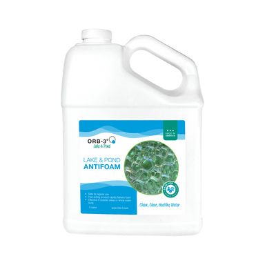 Gallon jug of Orb-3 lake and pond antifoam with a blue label on a white background