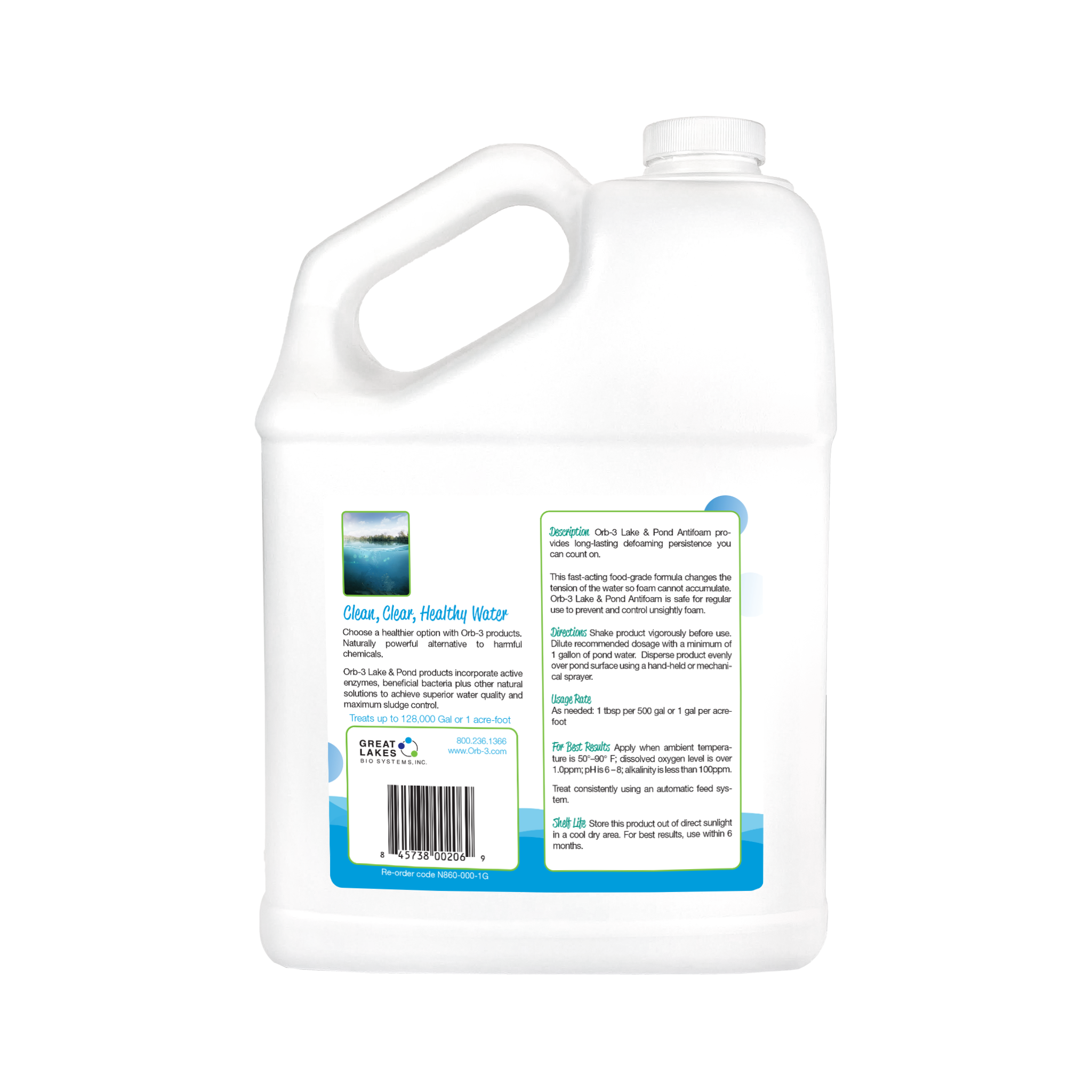 Back view of gallon Orb-3 Lake and Pond Antifoam water treatment container with label on a white background