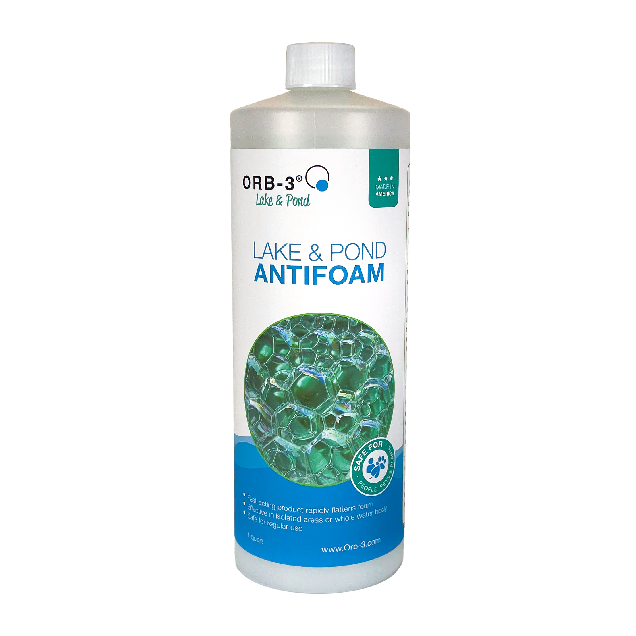 Quart bottle of Orb-3 Lake & Pond Antifoam on a white background