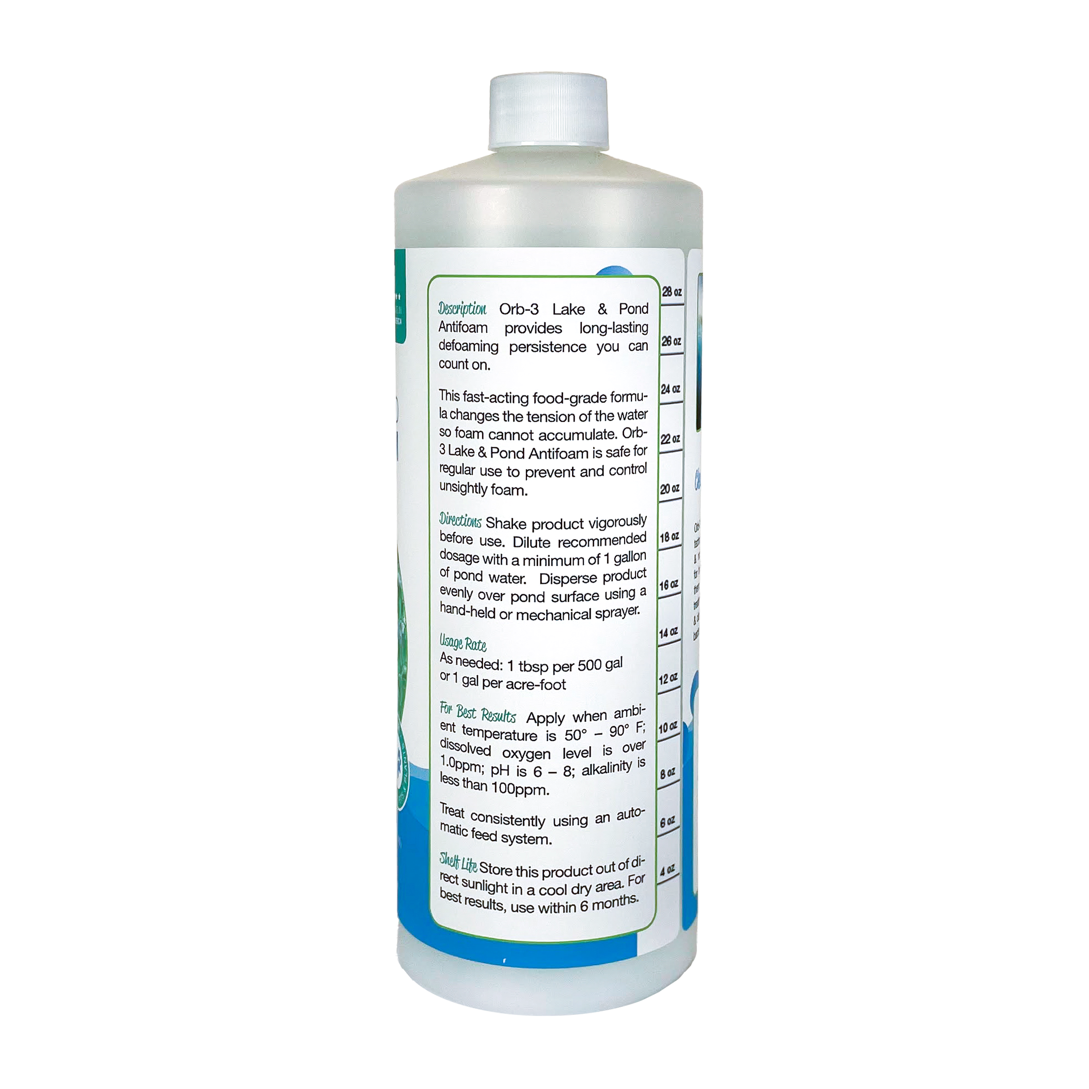 Back view of quart bottle label of Orb-3 lake and pond antifoam on a white background