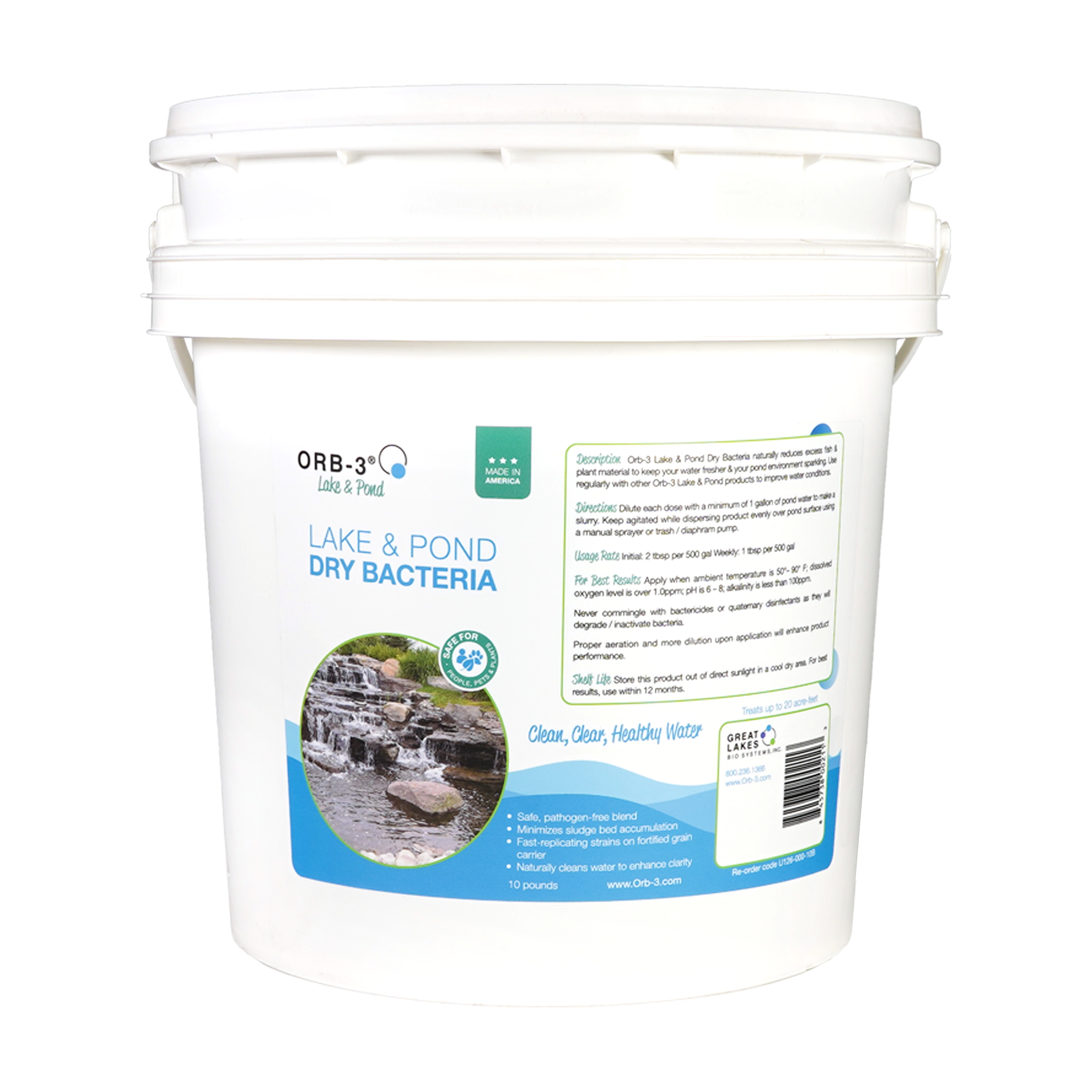 Bucket of Orb-3 lake and pond dry bacteria with label on a white background