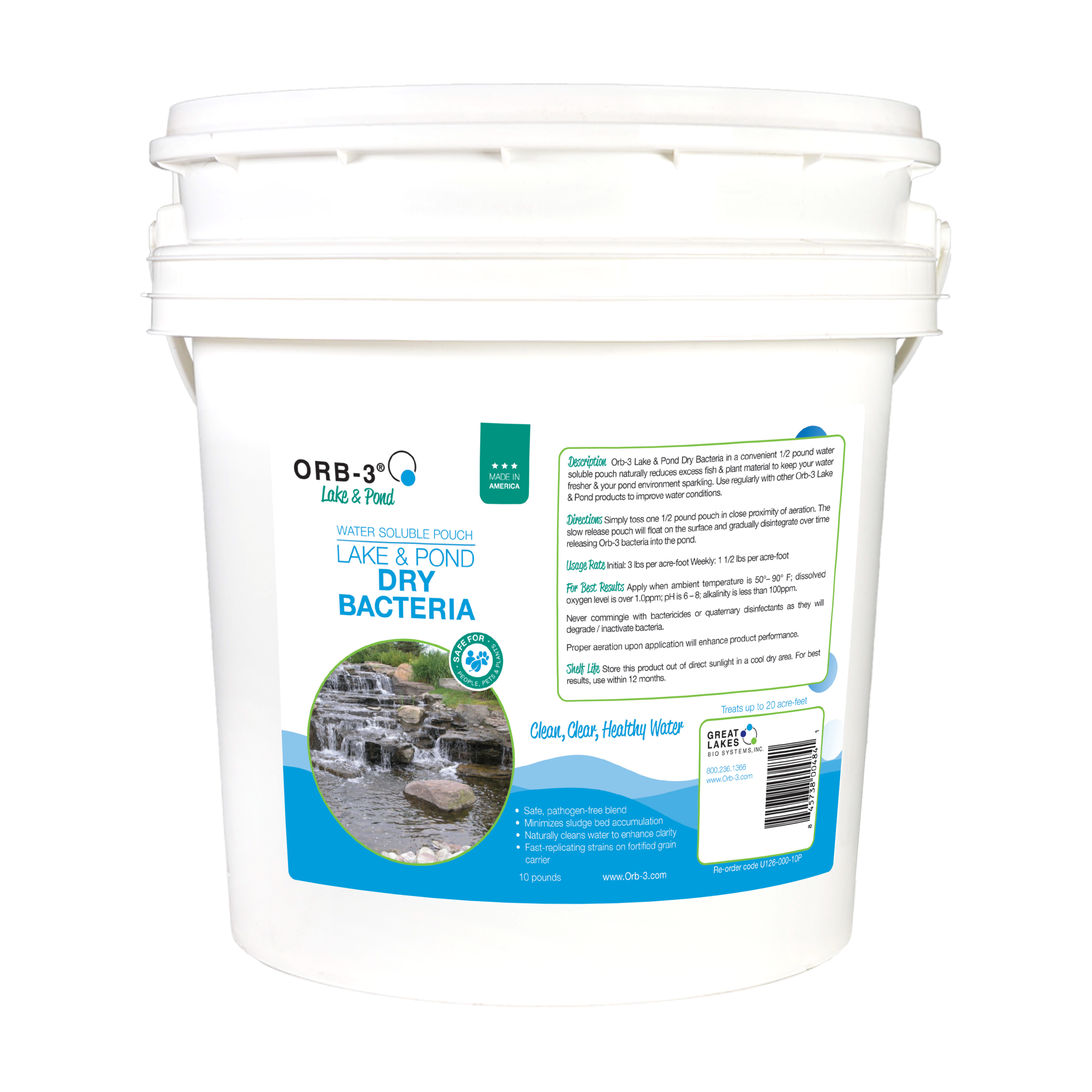 White pail of Orb-3 lake and pond dry bacteria water soluble pouch on a white background