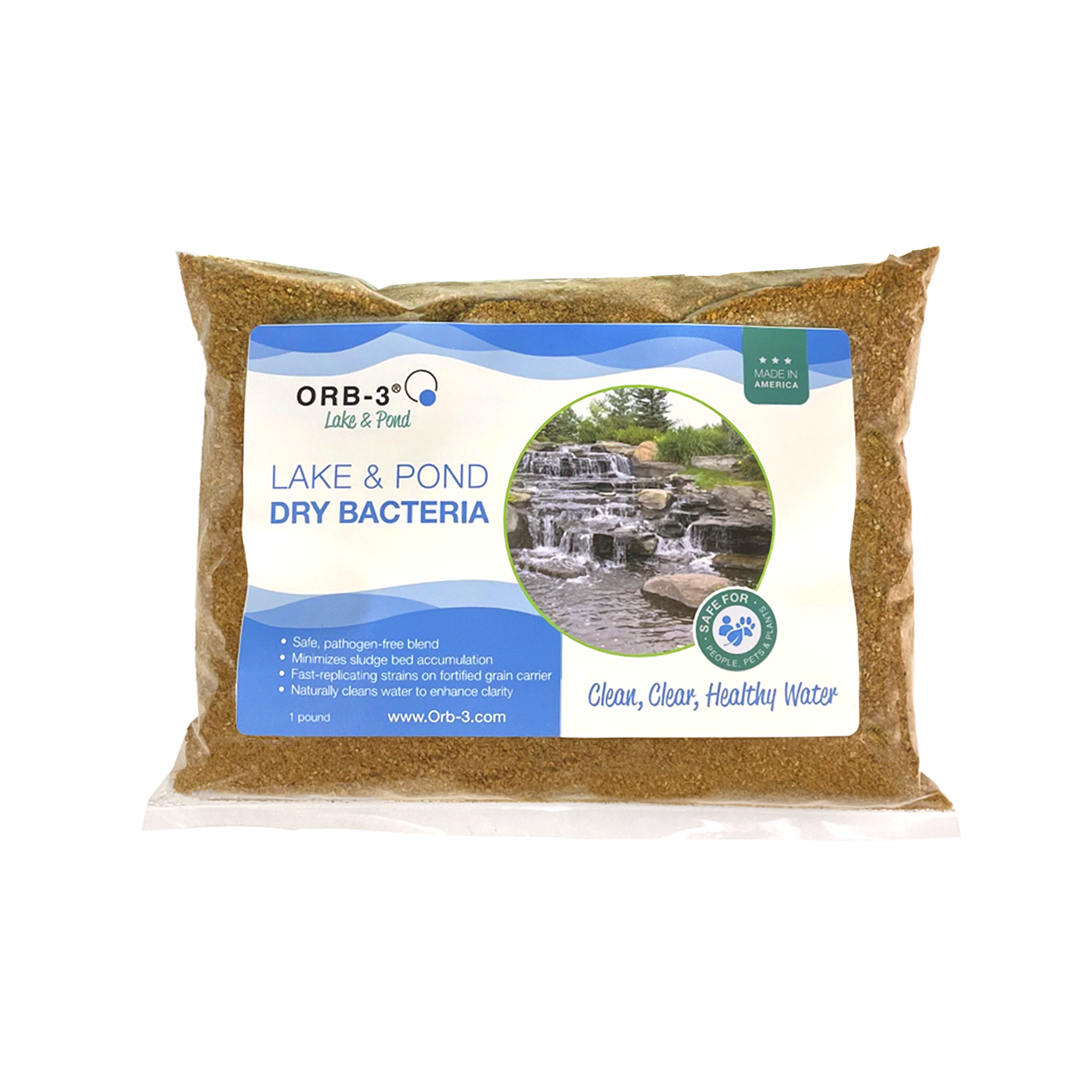 Pouch of Orb-3 lake and pond dry bacteria with a scenic waterfalls label on a white background