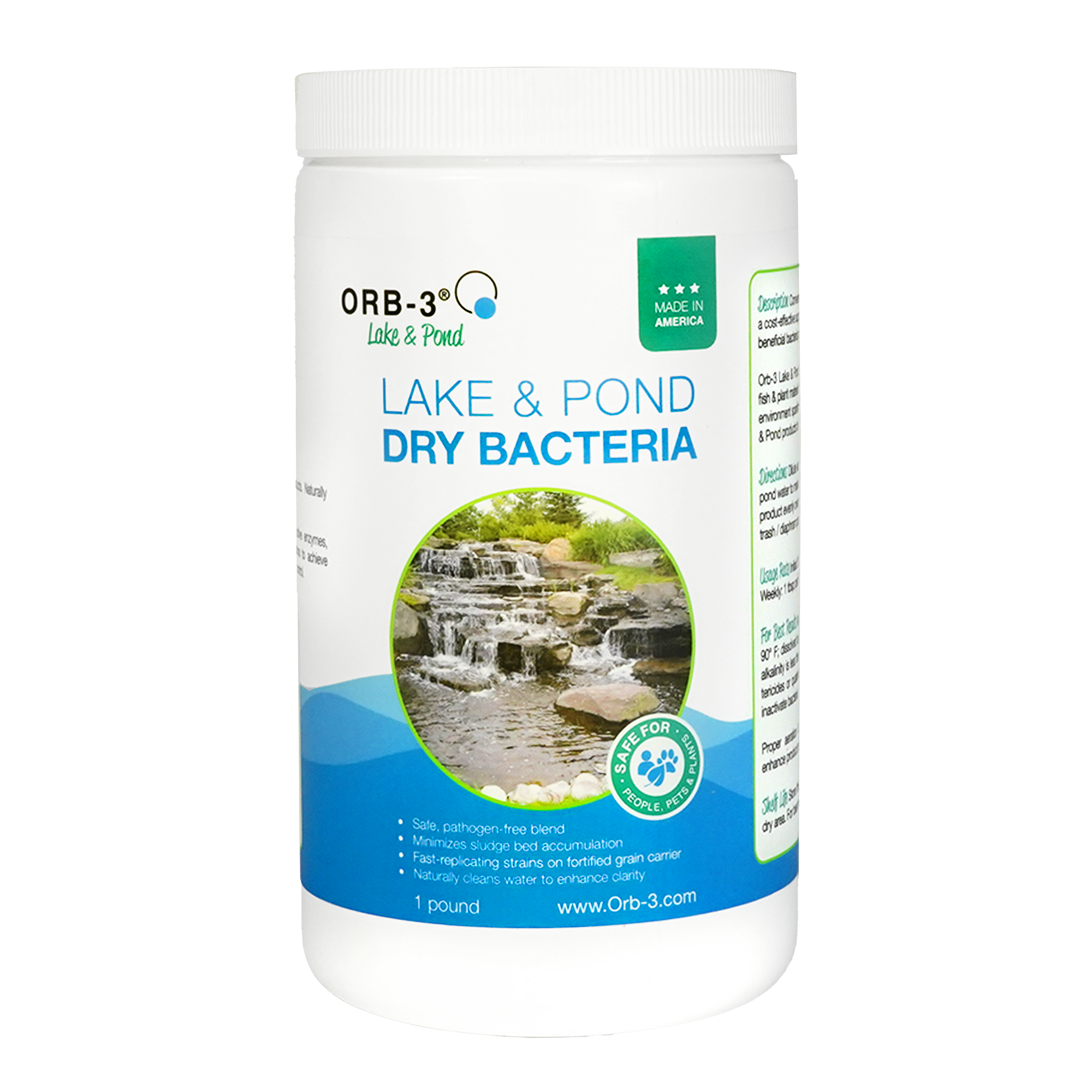 Container of Orb-3 Lake & Pond Dry Bacteria on a white background