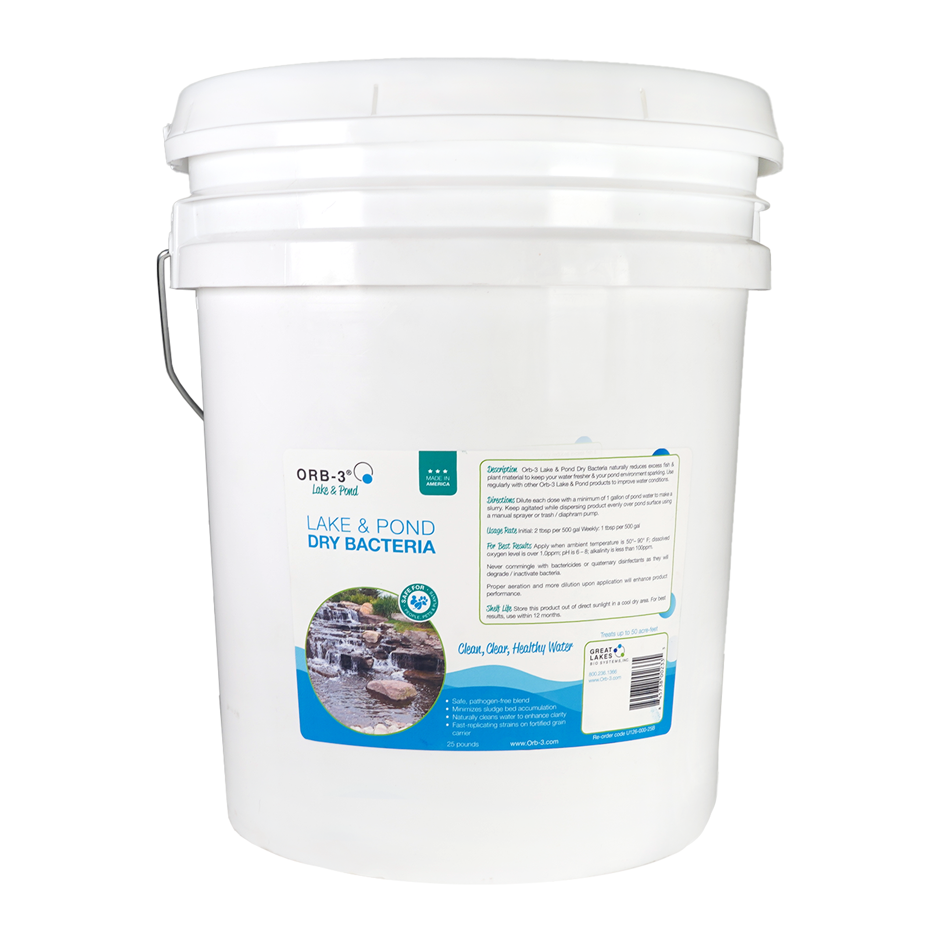 White bucket labeled Orb-3 Lake & Pond Dry Bacteria on a white background