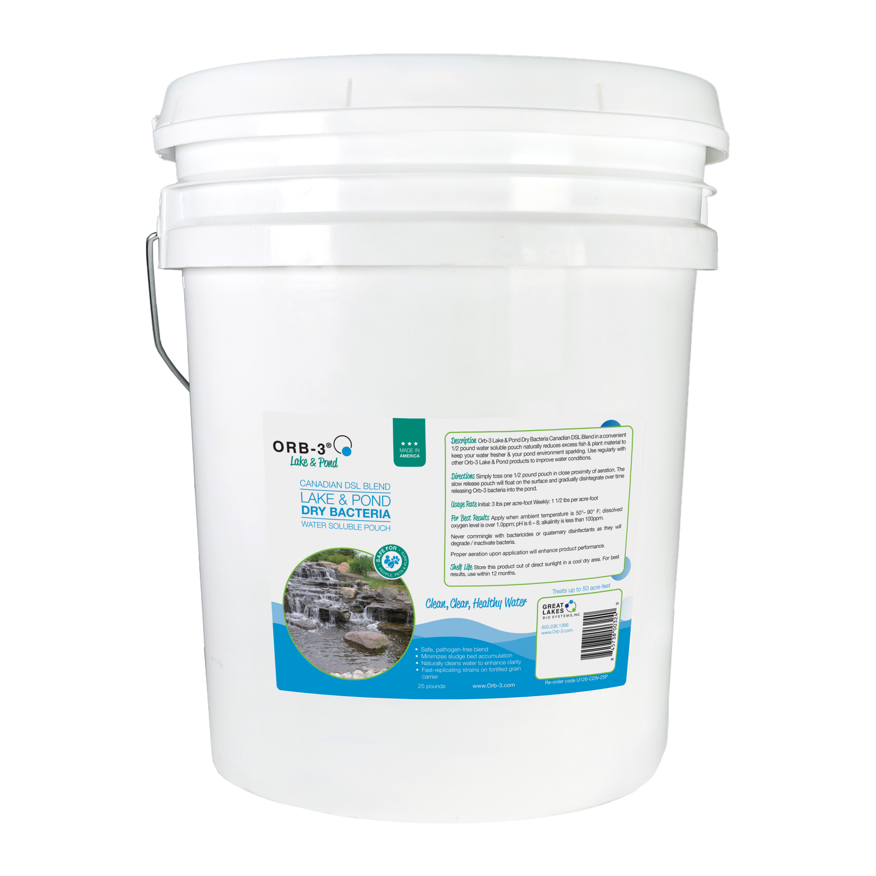 White bucket of Orb-3 lake and pond dry bacteria Canadian blend on a white background