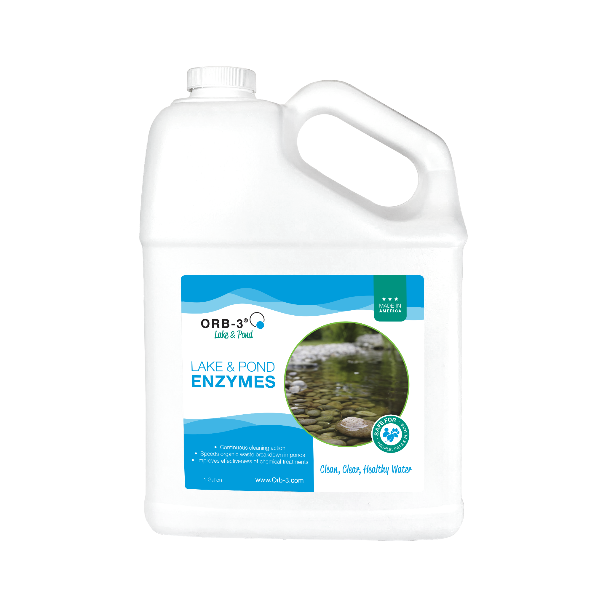 Gallon container of Orb-3 lake and pond enzymes on a white background