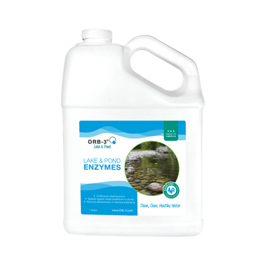 Gallon container of Orb-3 lake and pond enzymes on a white background