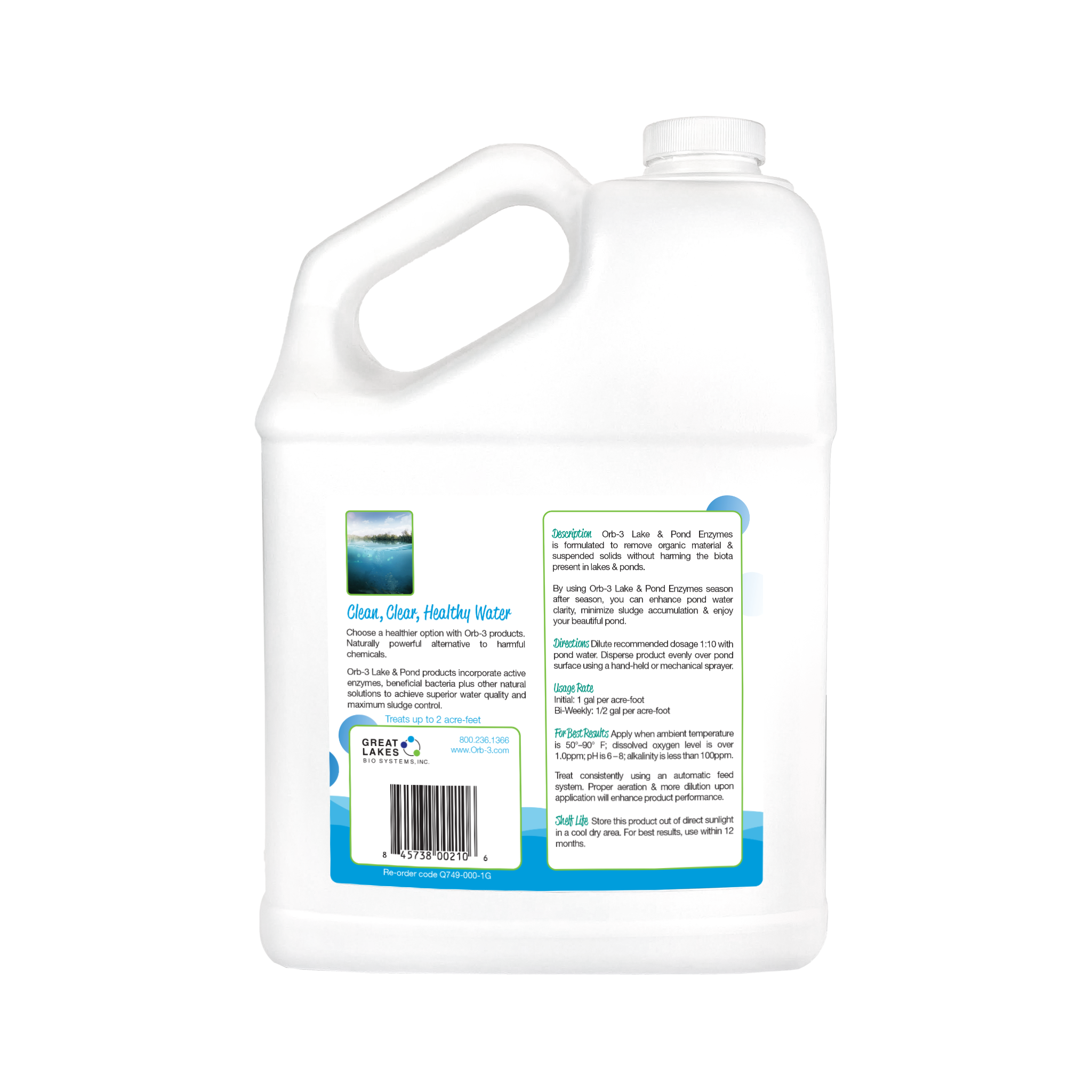 Back of gallon container of Orb-3 lake and pond enzymes showing a label on a white background