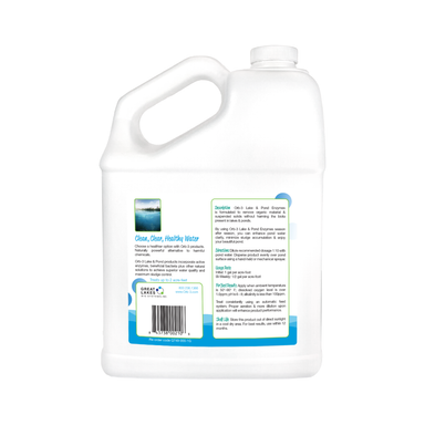 Back of gallon container of Orb-3 lake and pond enzymes showing a label on a white background