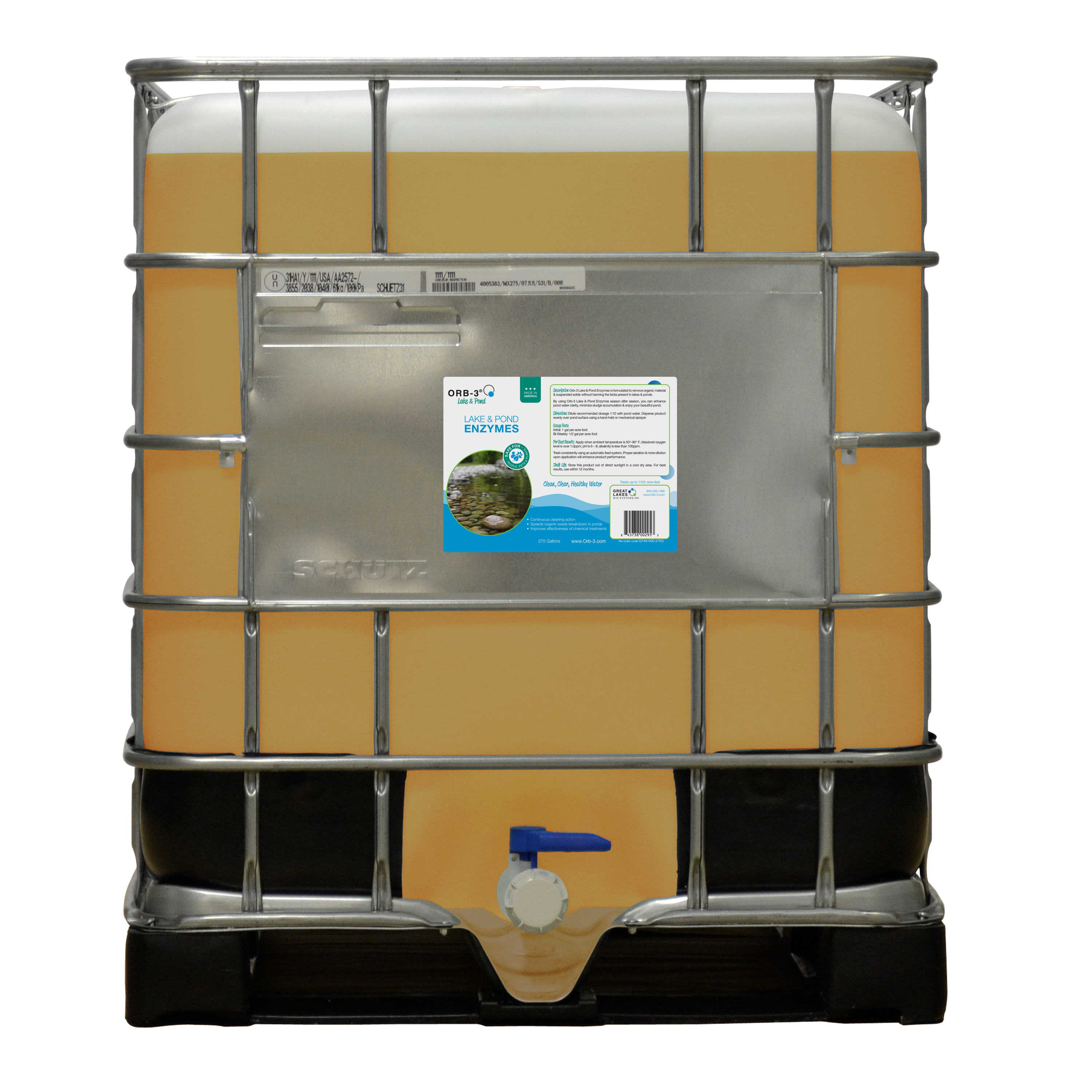 Large industrial IBC tote of Orb-3 lake and pond enzymes on a white background