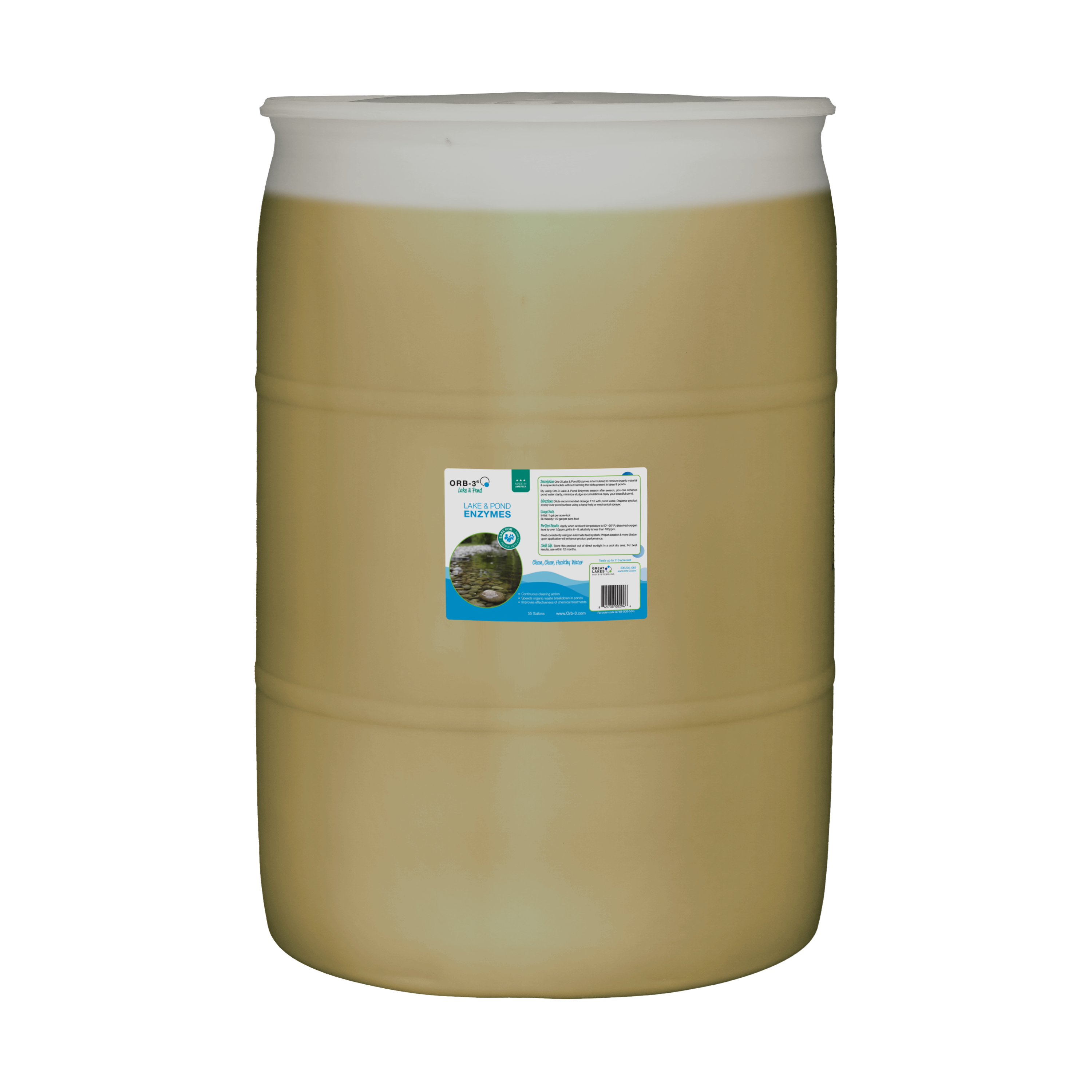 Large 55 gallon drum of Orb-3 lake and pond enzymes on a white background