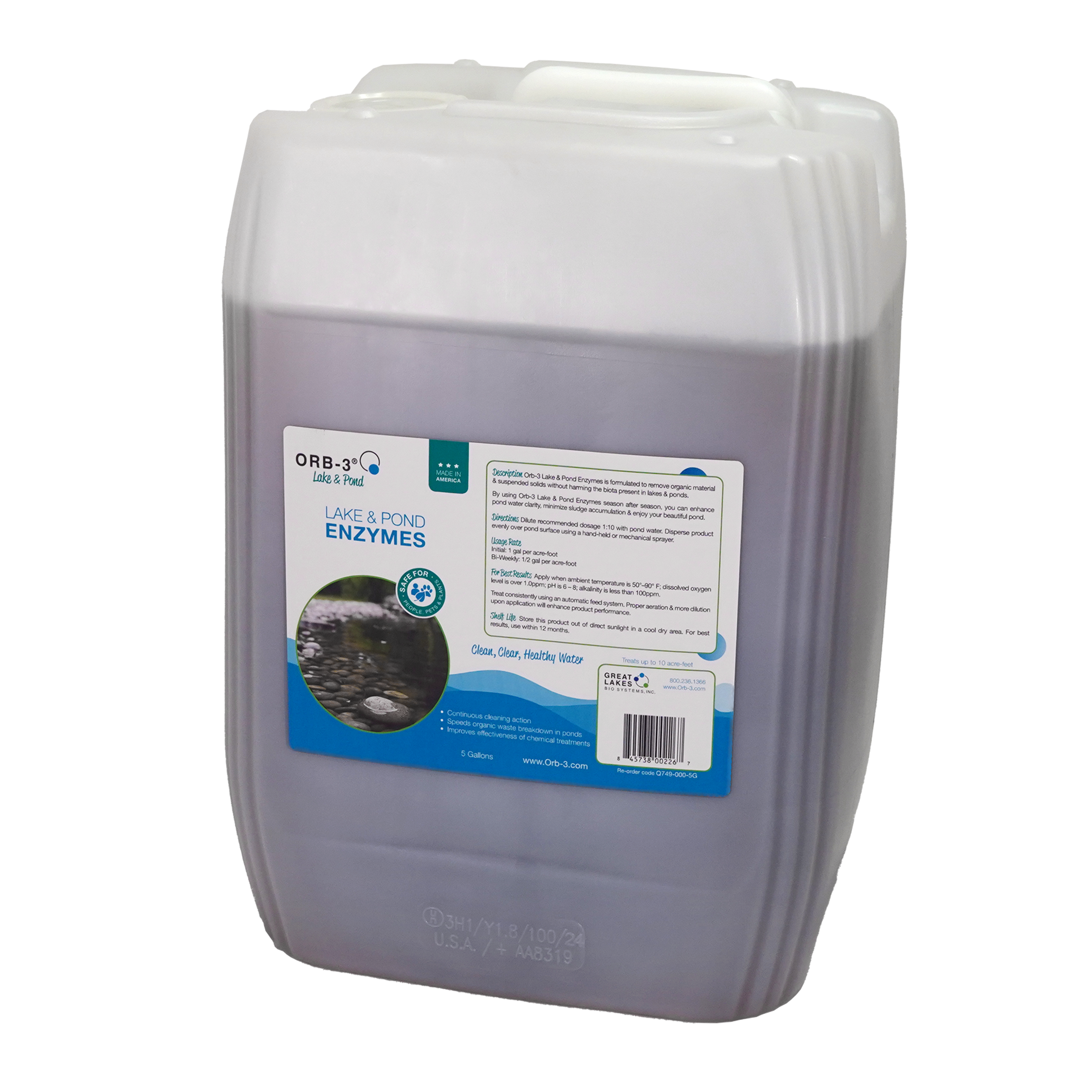 Large 5 gallon container of Orb-3 lake and pond enzymes on a white background