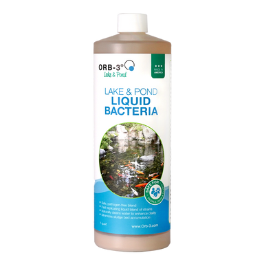 Bottle of Orb-3 lake and pond liquid bacteria with made in USA branding on a white background