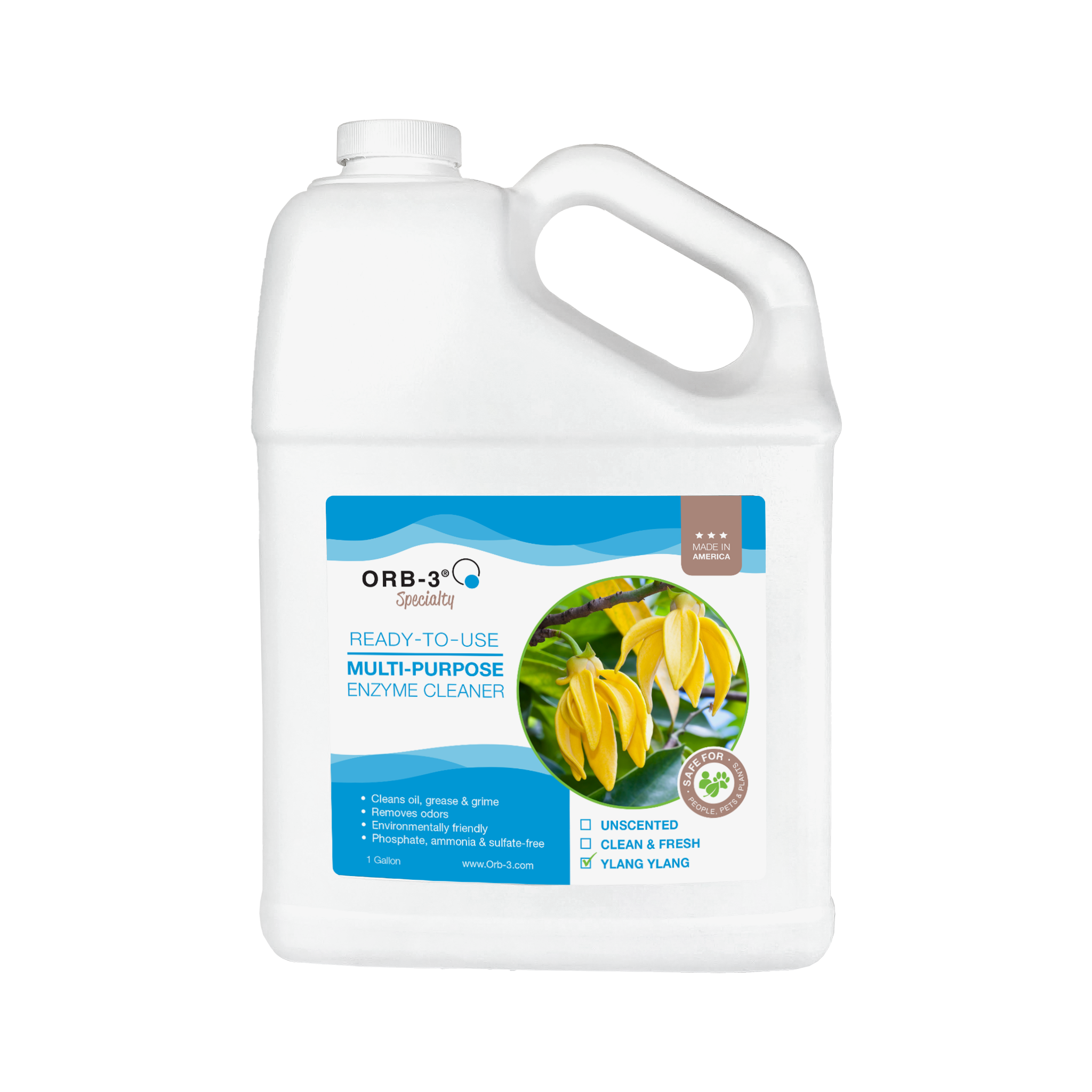 White gallon bottle of Orb-3 Multi-Purpose Enzyme Cleaner Ylang Ylang scent ready to use 