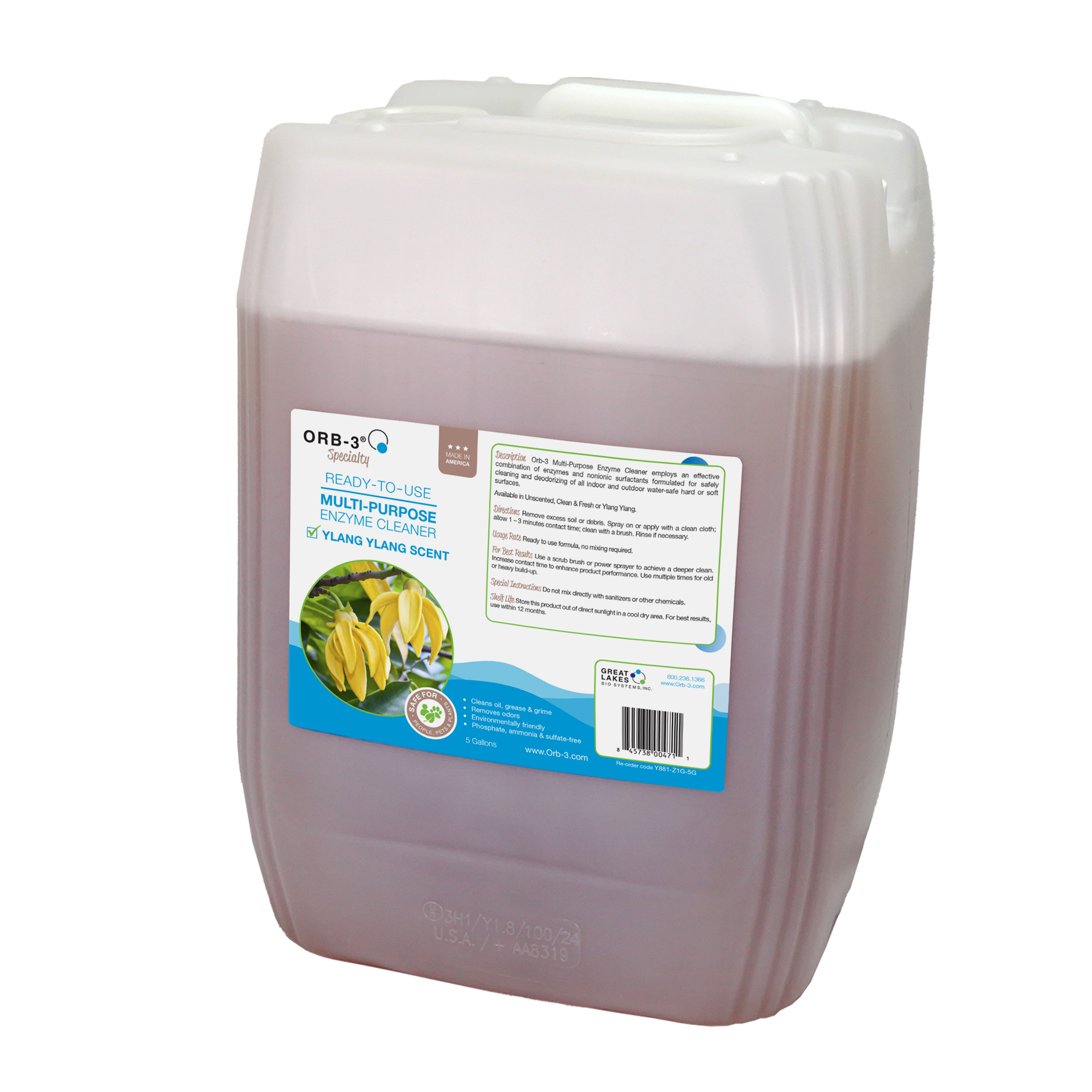5 gallon container of Orb-3 Multi-Purpose Enzyme Cleaner ready to use ylang ylang scent on a white background