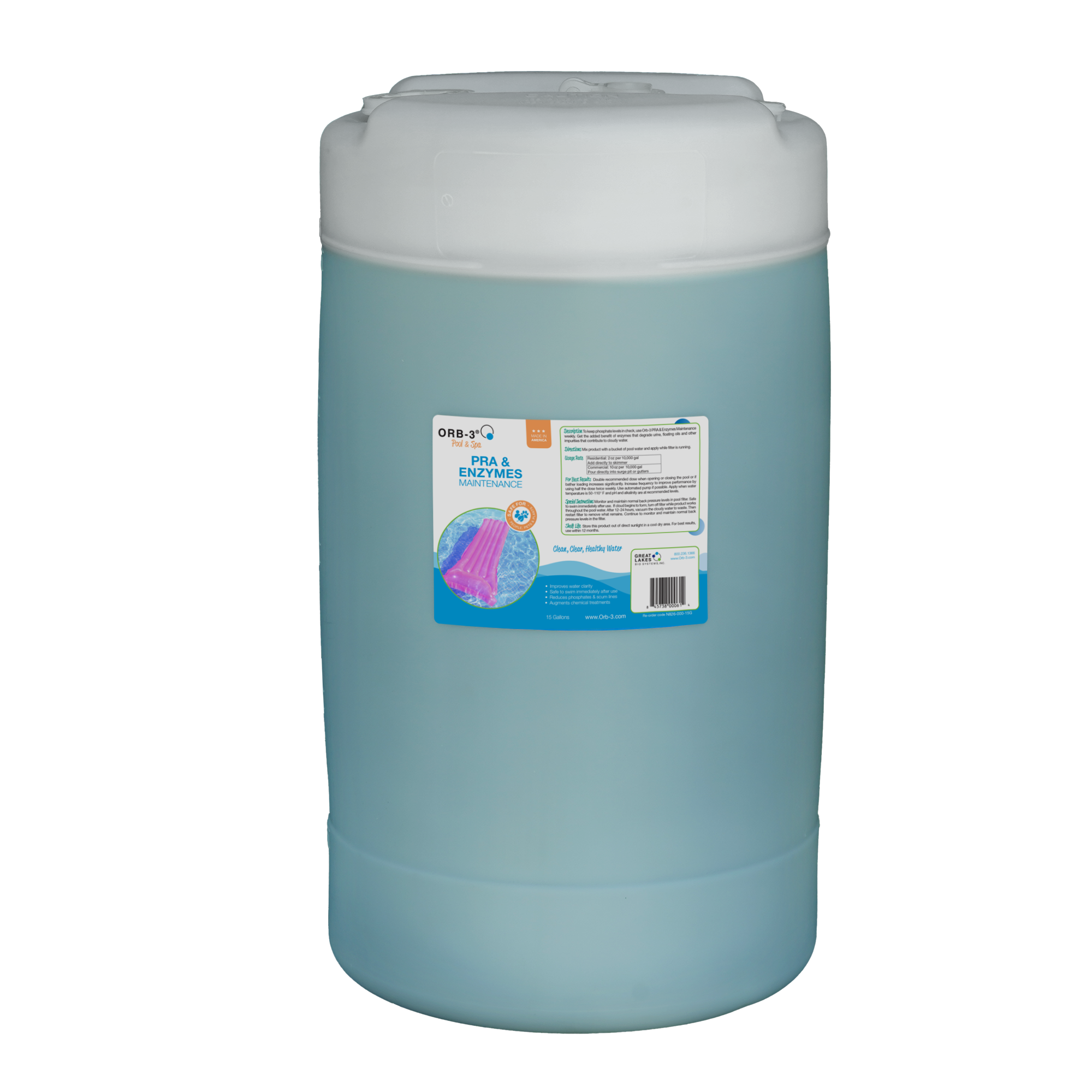 Large container of Orb-3 PRA and Enzymes a pool maintenance product on a white background
