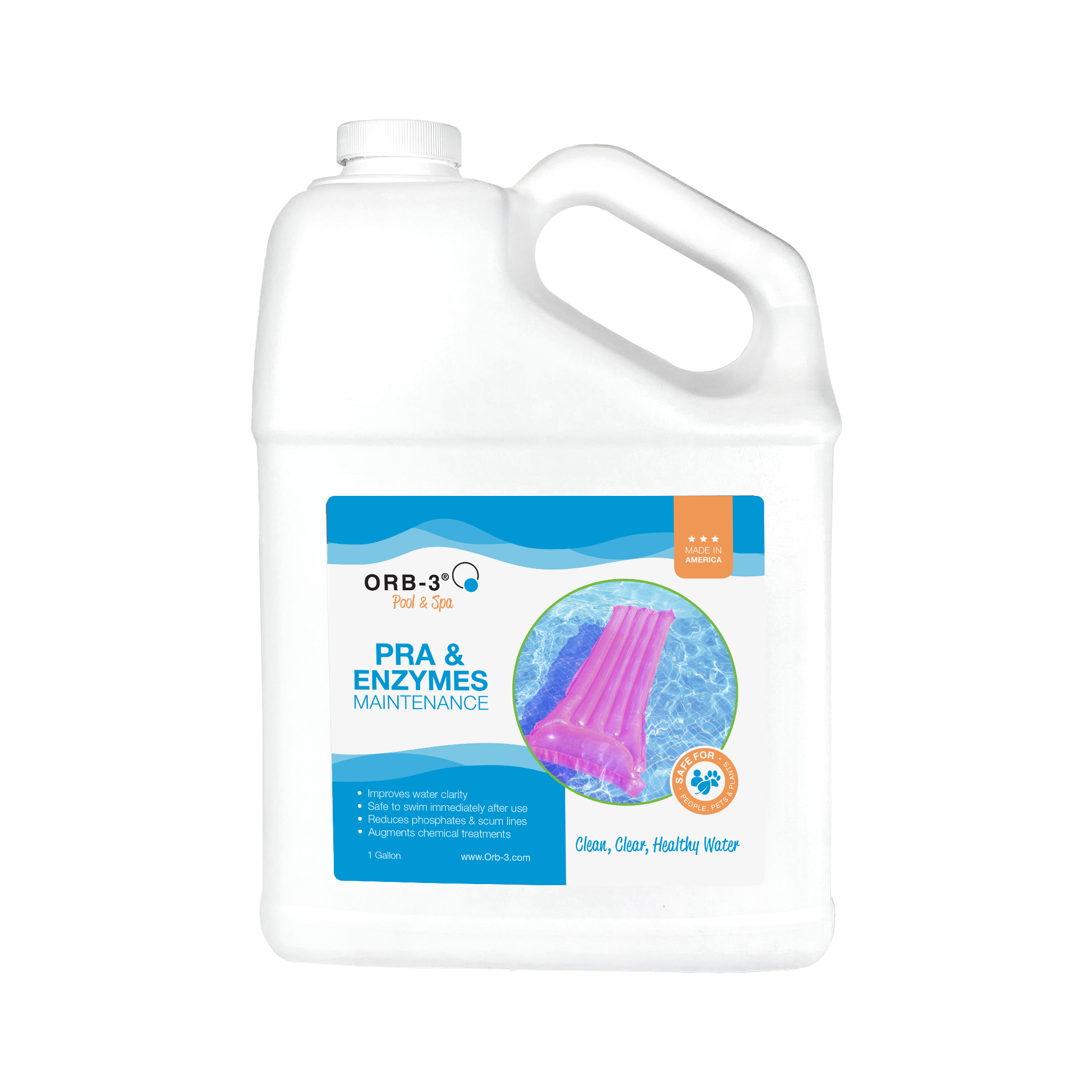 Gallon container of Orb-3 PRA and Enzymes a pool maintenance product on a white background
